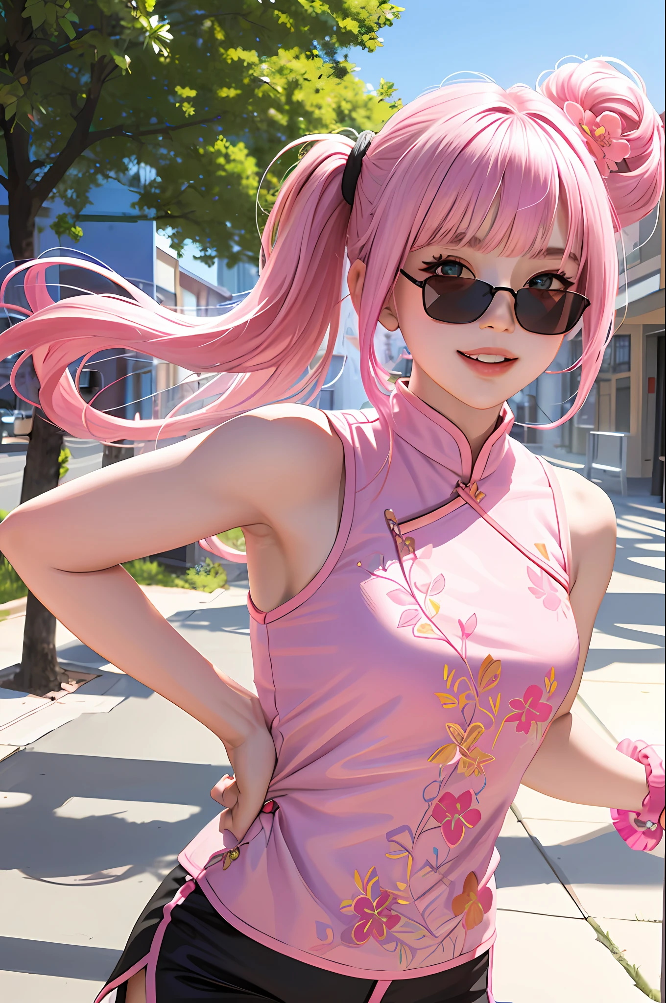 masterpiece, top quality, colorful hair, outdoor, upper body, pink lid sunglasses, pink short ponytail, side up hair, smile, colorful hair, sleeveless, pink china clothes, delicate embroidery, black shorts, blunt bangs, 1girl,solo, photorealistic, high resolution, 1 girl, cowboy shot,