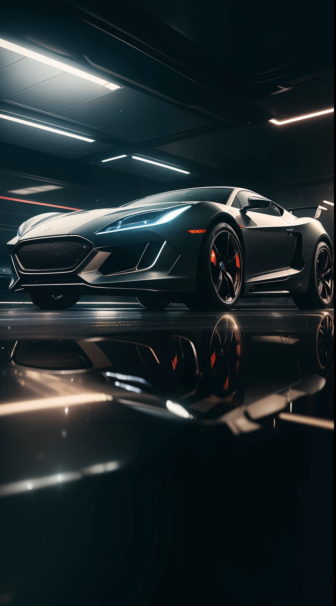 ((masterpiece 1.2)), high details, futuristic car, reflections in the car, focus on the angle of the rear wheel, raindrops on the car and environment, set in night street, 50mm lens, (4K), cinema, dramatic lighting, deep shadows, (intense HDR), ray tracing, canon, sparkle, textured, reflections of the lights on the floor