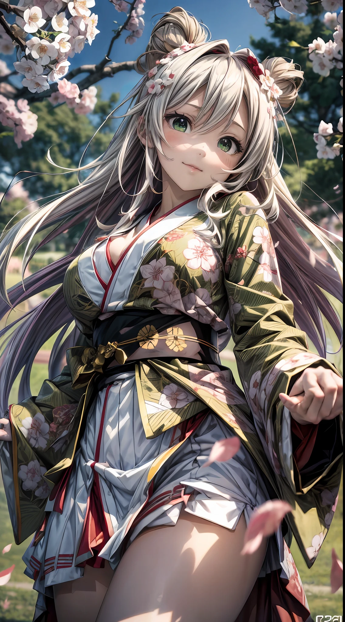 anime style, ((close up)) bautiful young woman, 1girl, (dreamy big eyes), wearing red kimono, (long white hair), (green eyes), large breasts, smirk, lips, in a park, under a cherry blossom tree, hair floatingin the wind, sunlight, cinematic lighting, ((from below)), best qualiy, 8k, high definition