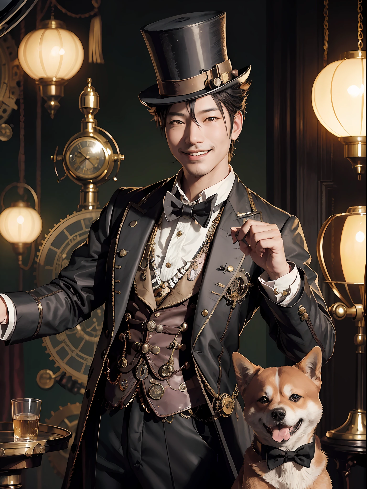 (Steampunk,smiling shiba inu:1.4, amused expression:1.2),(dog with a top hat,dog with a bowtie,dog in a suit:1.1),(clocks in background:1.1),(short beard, young man:0.8),dynamic pose, dark atmosphere.