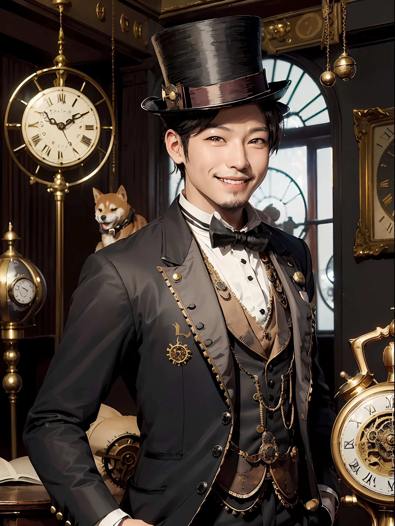 (Steampunk,smiling shiba inu:1.4, amused expression:1.2),(dog with a top hat,dog with a bowtie,dog in a suit:1.1),(clocks in background:1.1),(short beard, young man:0.8),dynamic pose, dark atmosphere.