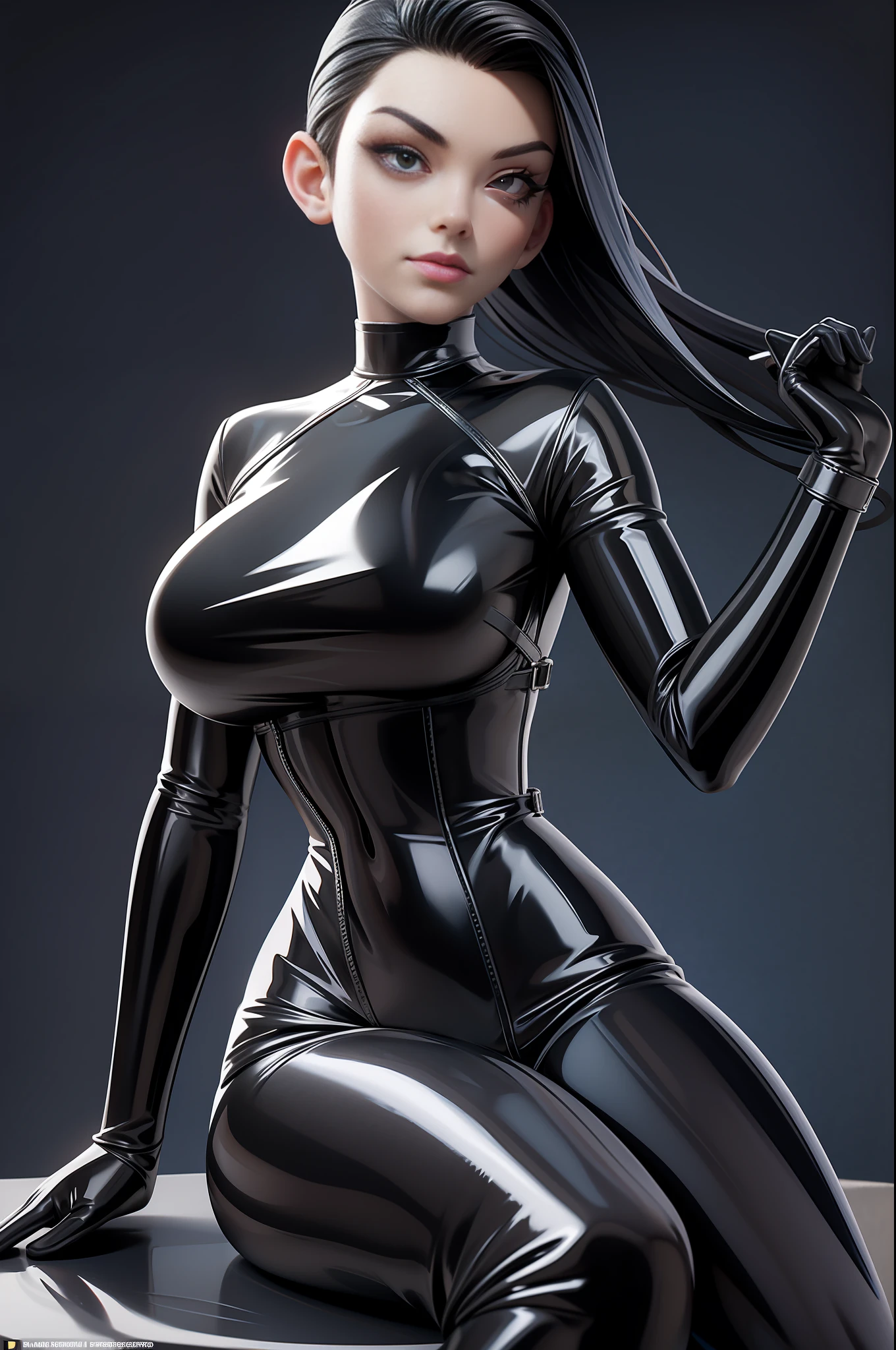 full body picture Unreal Engine 5 8K UHD of beautiful women, wearing tight latex catsuit covered whole body, latex mask, latex collar, latex body harness and lace, arm and leg cuffs, latex corset, latex long glove, sitting on the table, office scene, best quality, masterpiece