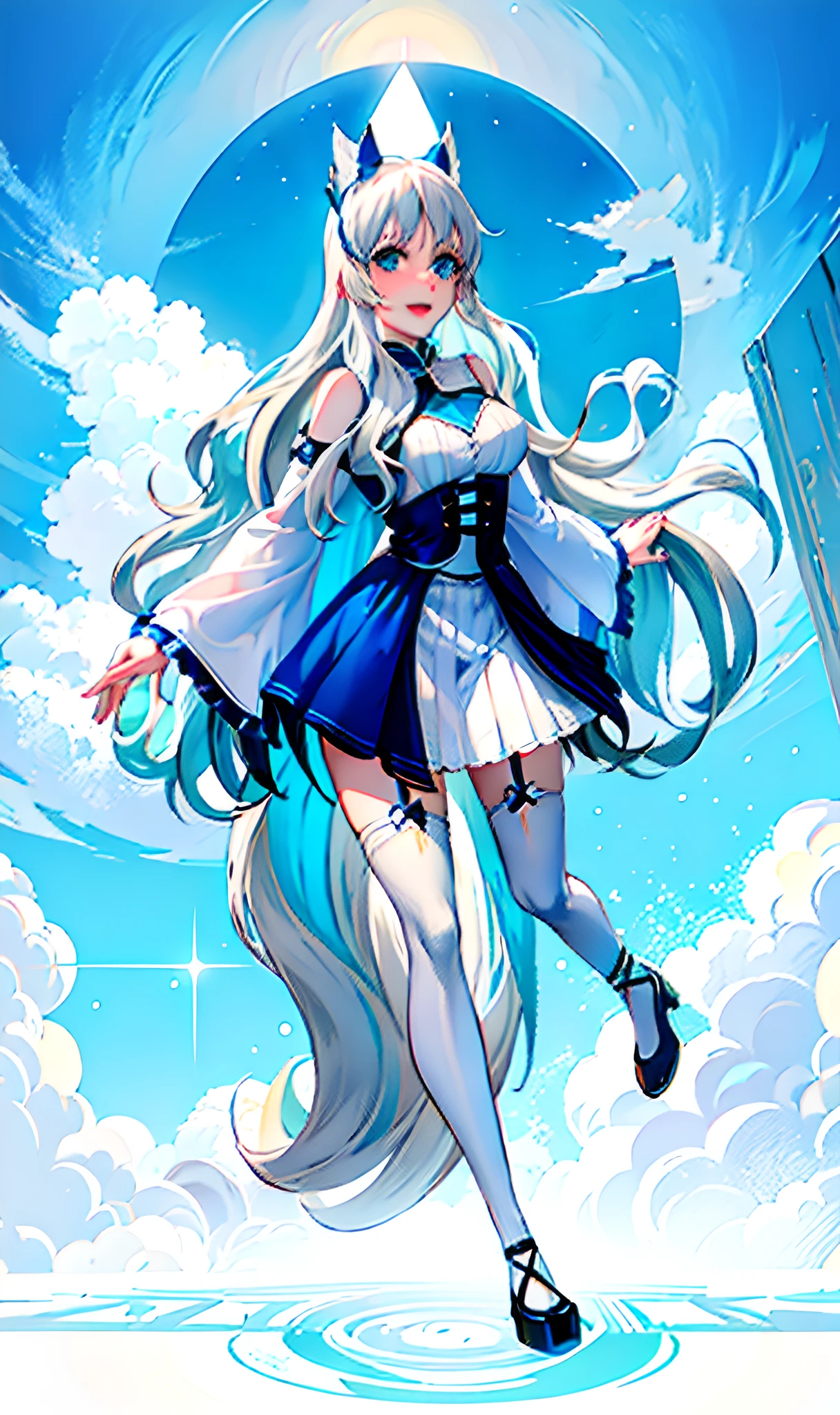 a cartoon picture of a woman with long white hair and blue dress, anime girl with long hair, small curvy loli, anime barbie in white stockings, blue-white hair, azure. detailed hair, white cyan, gothic maiden anime girl, digital anime art!!, pixiv style, !!full body portrait!!, anime artstyle, white haired deity