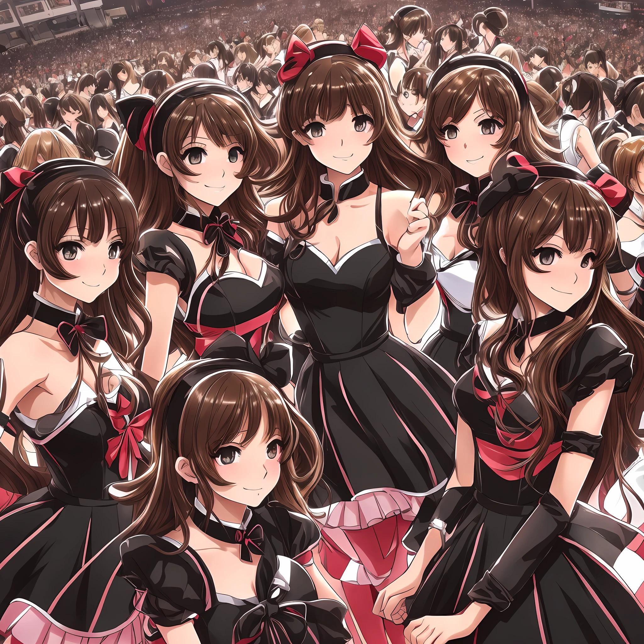 perfect anime illustration, multiple girls, thousands of girls, millions of girls, rich girls, clones, identical sisters, sisters crowded together, sisters in background, brown hair, curly hair, matching hairstyle, hazel eyes, smiling, ((matching outfits, red and black prom dresses, high heels)), matching hairstyles, ballroom, highres, full body, sisters marching
