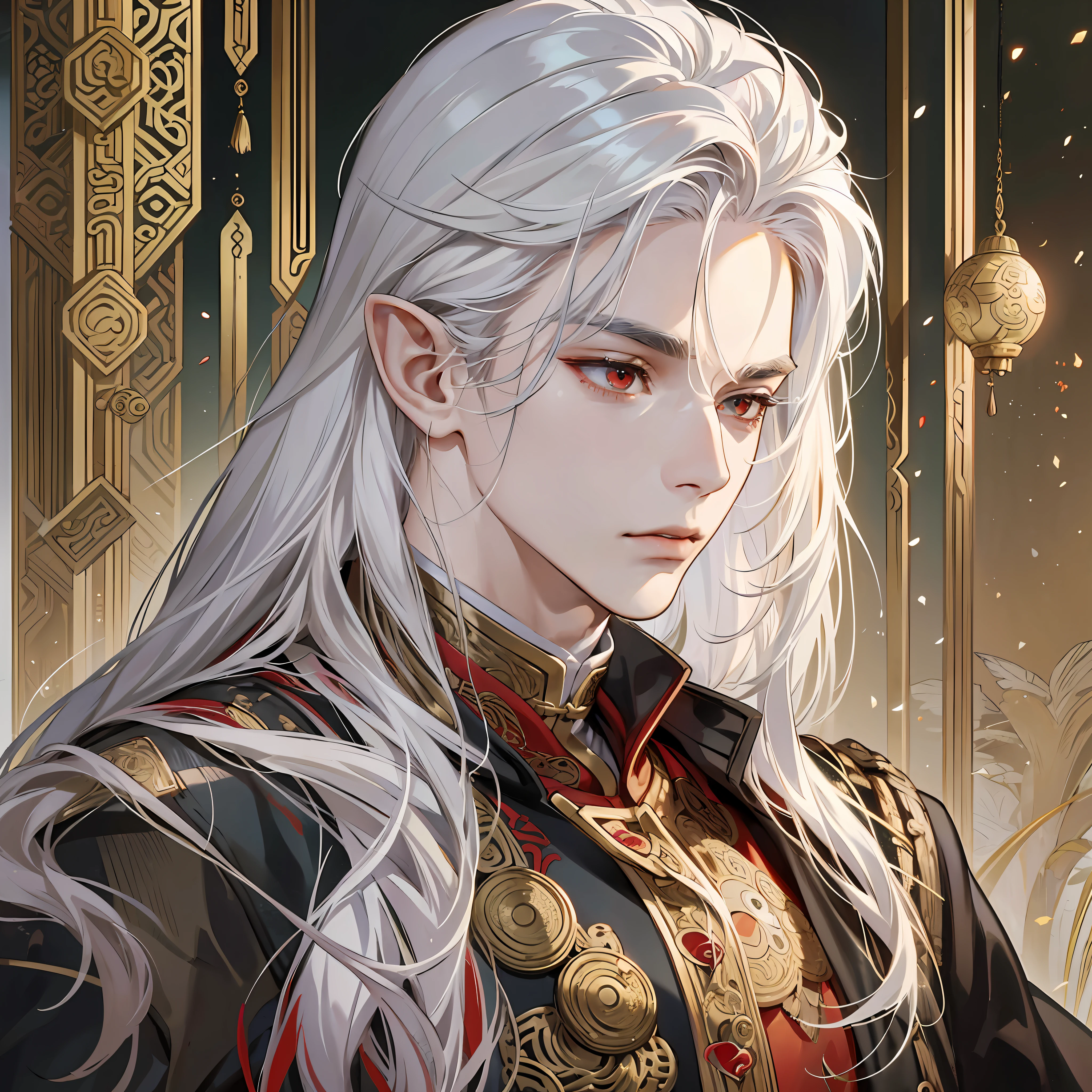 masterpiece, highest quality, (solo focus), (perfect face: 1.1), (high detail: 1.1),elf, man, dramatic, 1guy, (pale skin),and long white hair, red eyes, [light eyebrows], solo, detailed background, cinematic lighting, wearing a detailed and intricate xianxia antique outfit --auto --s2