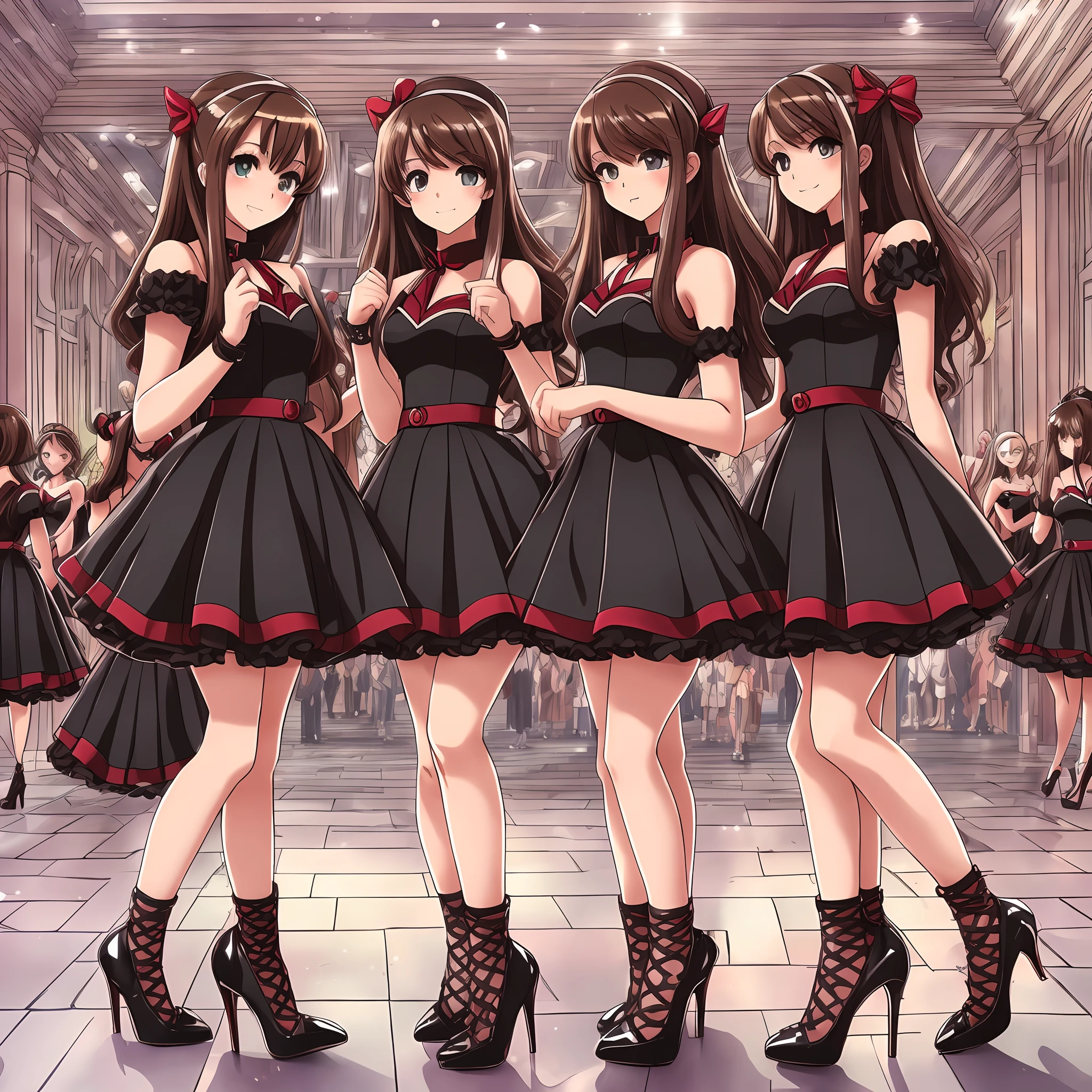 perfect anime illustration, multiple girls, thousands of girls, millions of girls, rich girls, clones, identical sisters, sisters crowded together, sisters in background, brown hair, curly hair, matching hairstyle, hazel eyes, smiling, ((matching outfits, red and black prom dresses, high heels)), matching hairstyles, ballroom, highres, full body, sisters marching