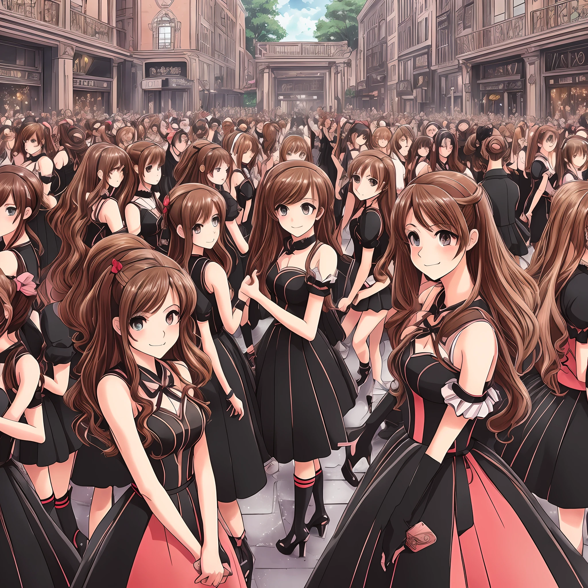 perfect anime illustration, multiple girls, thousands of girls, millions of girls, rich girls, clones, identical sisters, sisters crowded together, sisters in background, brown hair, curly hair, matching hairstyle, hazel eyes, smiling, ((matching outfits, red and black prom dresses, high heels)), matching hairstyles, ballroom, highres, full body, sisters marching
