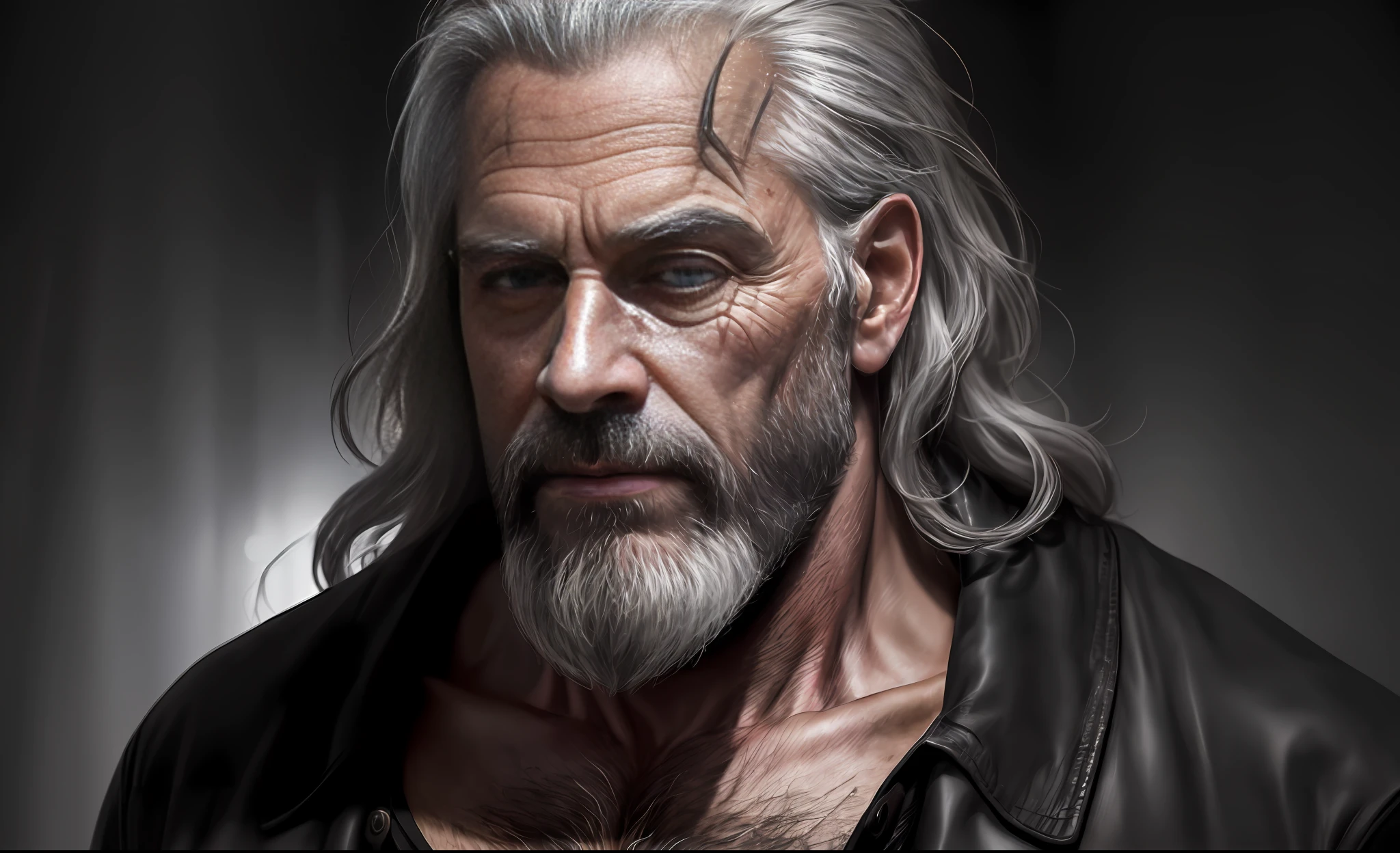 Photo of the world's most beautiful artwork featuring a man with 45-year-old wounds, beard and long gray hair in a dark place(vibrant, realistic photo, realistic, dramatic, dark, sharp focus, 8K), (global lighting, gloomy environment, volumetric half light)