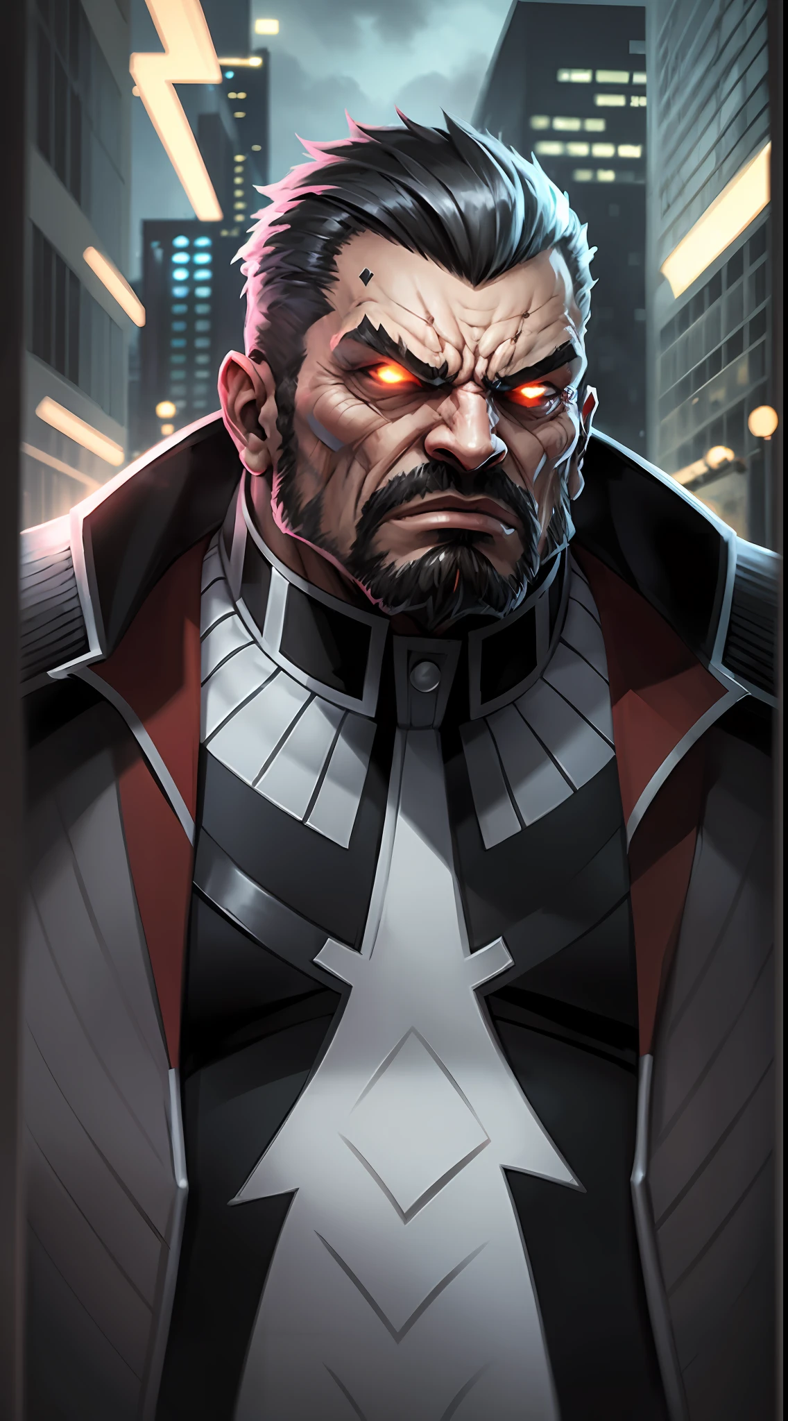 a super strong game boss extremely muscular, angry expression sinister very bad, wearing a stylish suit. --auto --s2