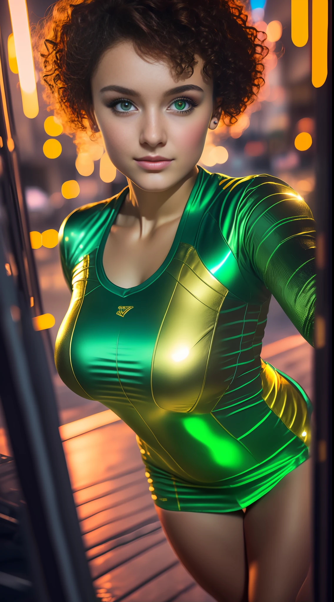 Girl 18 years old brunette cheerleader (gold and short uniform) incrinada looking up for camera (selfie camera angle) full body, big breasts,green eyes with perfect sharpness,sensual look, short curly hair,8k raw, perfect and realistic (angle from top to bottom) in town at night neon