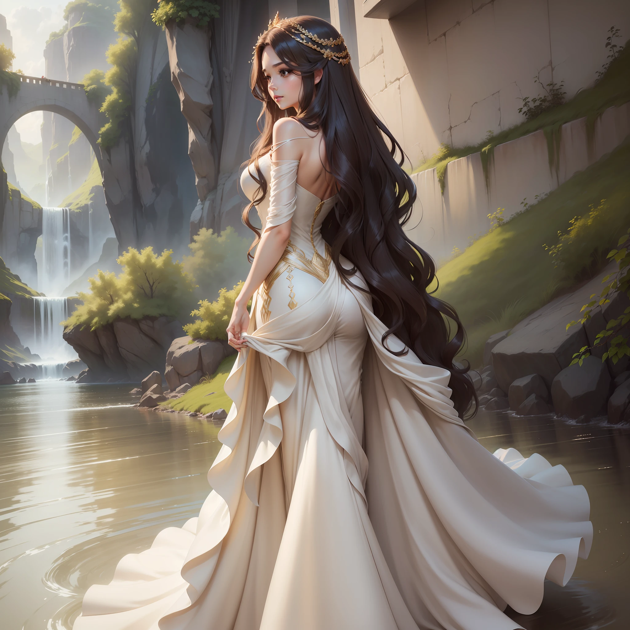 (An) elegant, (flowing) dress in a (subtle) yet (rich) hue, (accentuating)a figure(like that of a goddess), with long, (wavy) hair(in a (natural) shade that (pairs) well with the dress) that cascades down the back(in a way that (evokes) a sense of (elegance and grace)).
