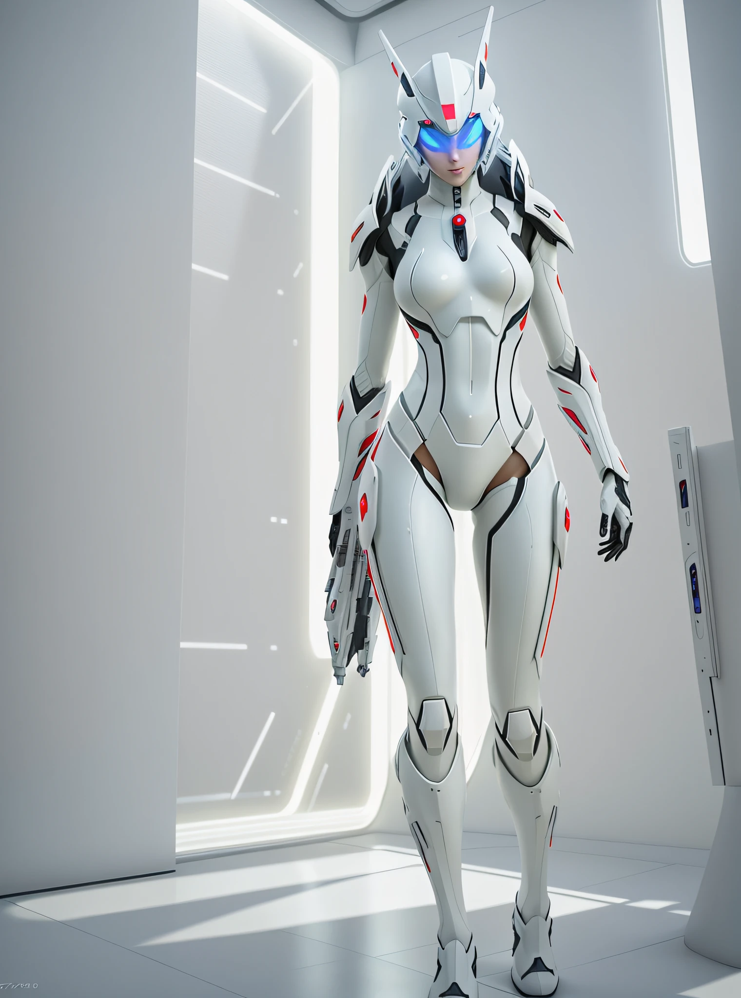 a woman in a white suit posing for a photo, in white futuristic armor, soft digital concept art, cgsociety inspired, stylized as ghost in shell, full body cgsociety, cgsociety masterpiece, inspired by Marek Okon, 3 d render character art 8 k, cgsociety - w 1 0 2 4 - n 8 - i, wlop shiny skin