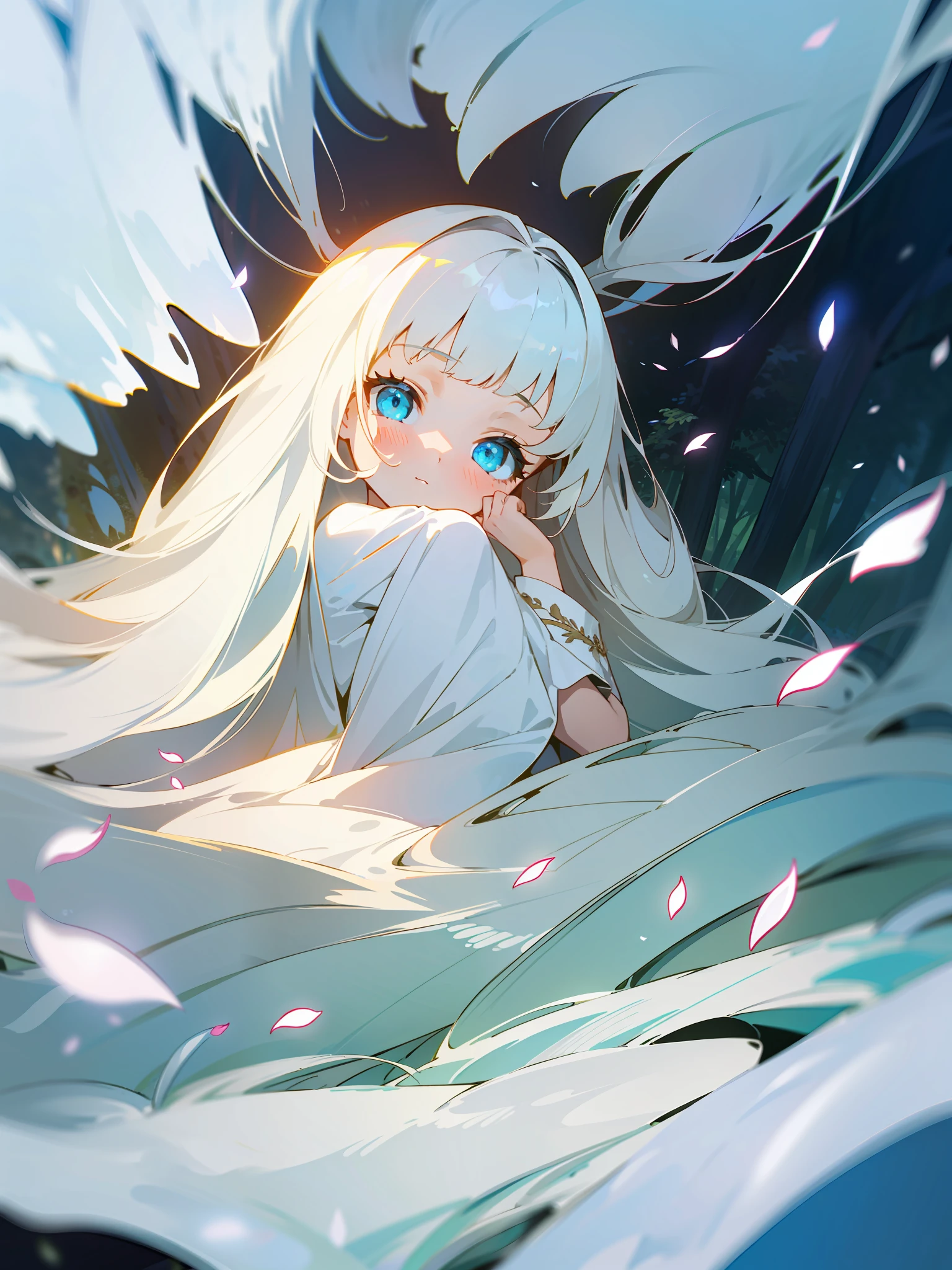 Masterpiece, of the best quality, a girl with long hair, soft white clothes, alone in a never-ending stream, forest, petals, shadows,