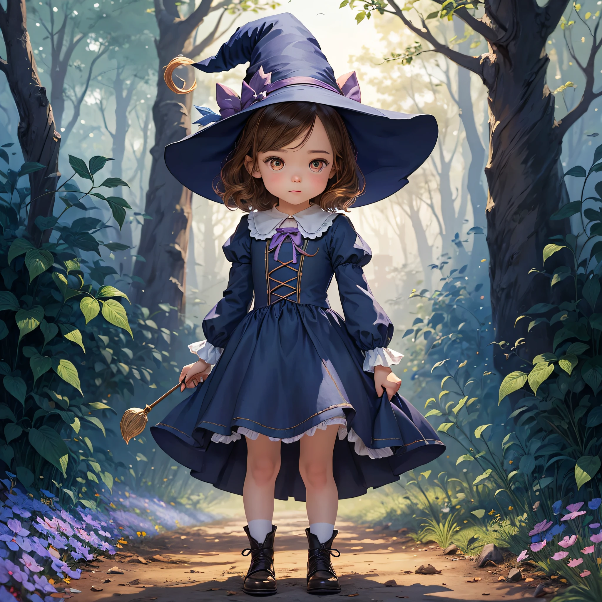 Belle, the little witch, standing, on a white background, children's book illustration style, in various positions, simple, cute, , bright eyes, characteristic outfit of a cute little witch. --auto --s2