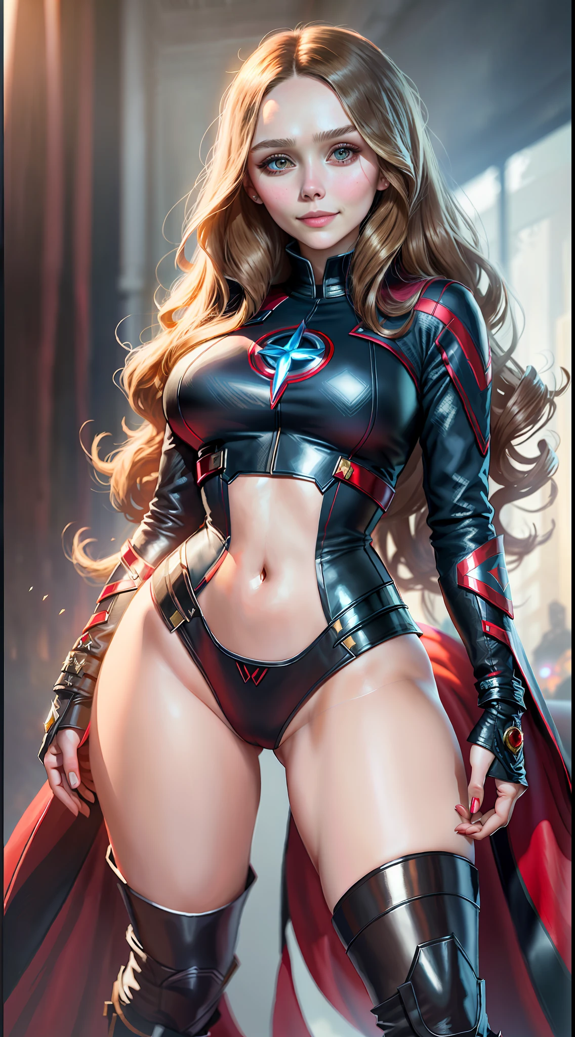 masterpiece, maximum quality, ultra high resolution, 8k, Elizabeth Olsen (Wanda Maximoff), full body, thin, detailed face, identical face, detailed eyes, mischievous smile, wide hips, thick thighs, smooth and soft pellet, wearing micro uniform