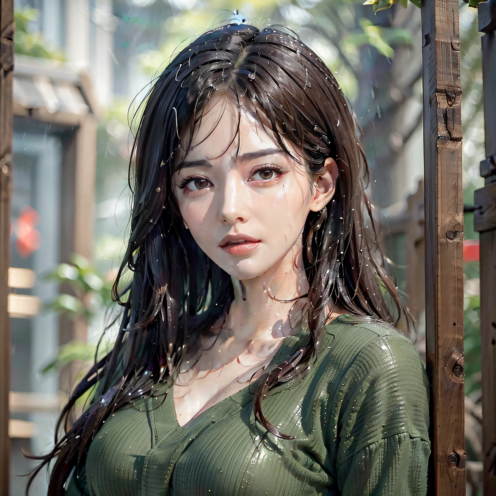 (Best quality, 4k, Masterpiece :1.3), pretty woman, 1girl, (breasts, attractive body :1.2), dark brown hair: 1.1, (rainy wet, wet from rain, wet body :1.2), ultra-detailed face, detailed lips, detailed eyes, double eyelid