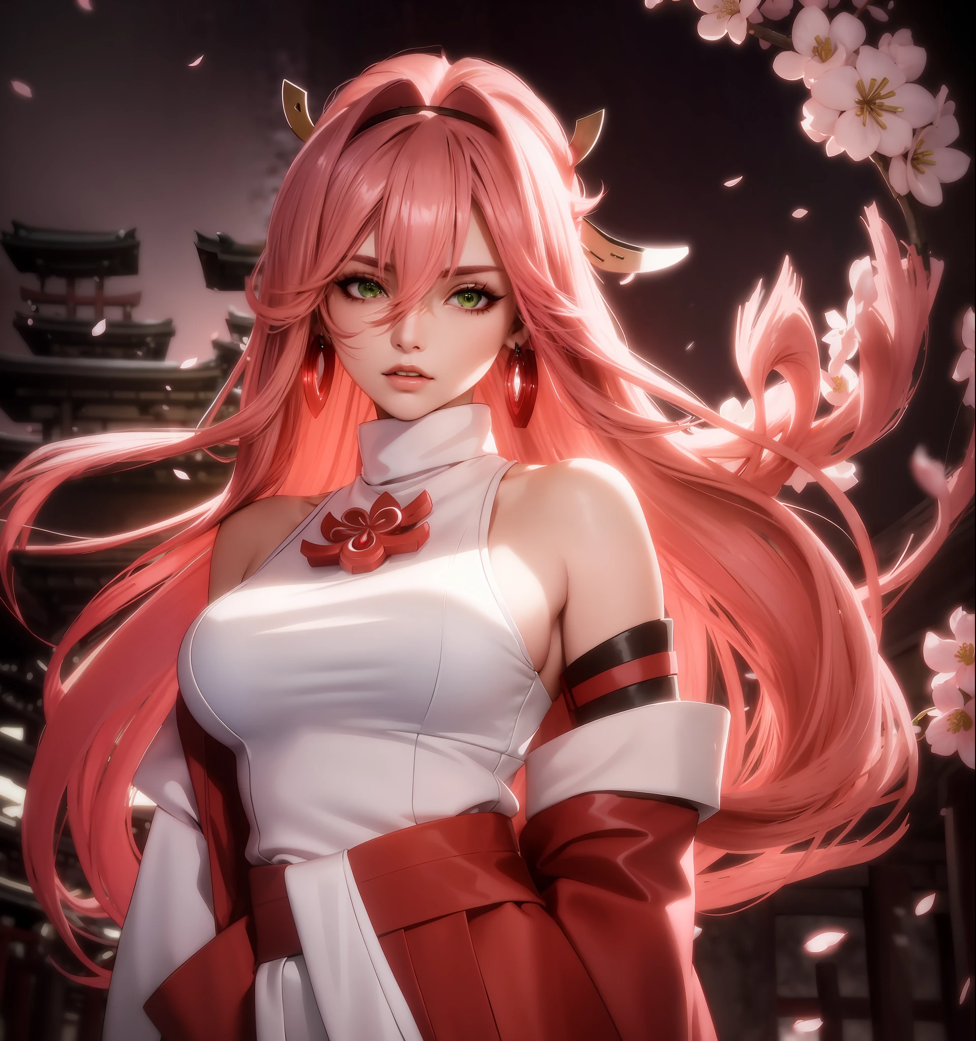 (Masterpiece, Excellent, 1girl, solo, complex details, color difference), realism, ((medium breath)), off-the-shoulders, big breasts, sexy, Yae Miko, long pink hair, red headdress, red highlight, hair above one eye, green eyes, earrings, sharp eyes, perfectly symmetrical figure, choker, neon shirt, open jacket, turtleneck sweater, against the wall, brick wall, graffiti, dim lighting, alley, looking at the audience, ((mean, seductive, charming)), ((cherry blossom background ))),((Japanese temple background)))), (((Glow-in-the-dark background)))