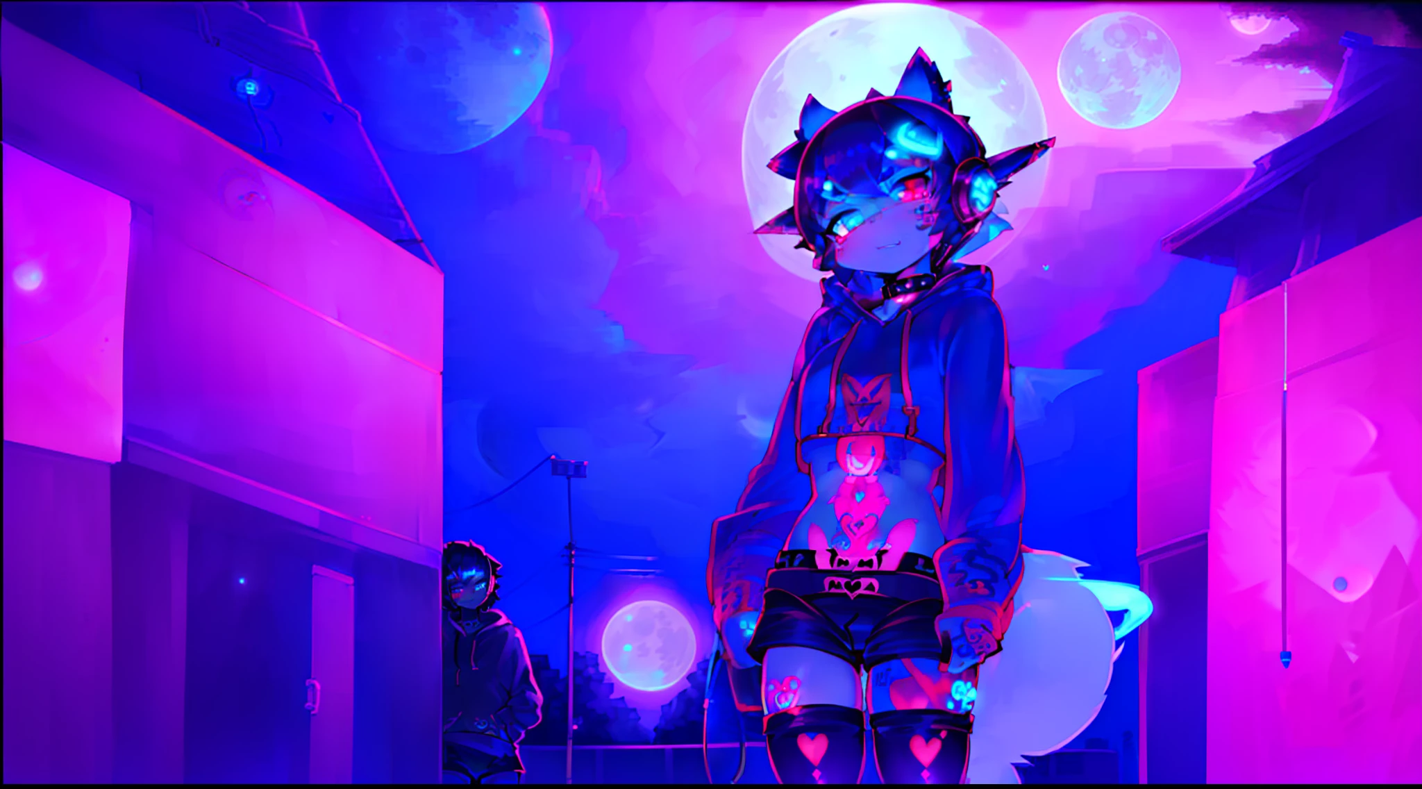 Black Fox, (White Body:1.3), (((masterpiece))), collar, (Dragon Wings:1.45), (headphones:1.4), short hair, black hair, blush, (headphones:1.55), ((Thigh High Socks, Femboy Clothing, Femboy Thigh Highs:1.2)), ((a blue eye left, a pink eyes right:1.55)), (((Femboy))), full body, ((womb tattoo, glowing tattoo:1.52)), ((guy look like women:1.52)), (fox tail:1.52), Full HD, 8K, ((short pant, Hoodie crop:1.52)), ((underwear:1.45)), ((full moon, blue moon:1.45)) public indecency,  small breasts, (Trap:1.55),