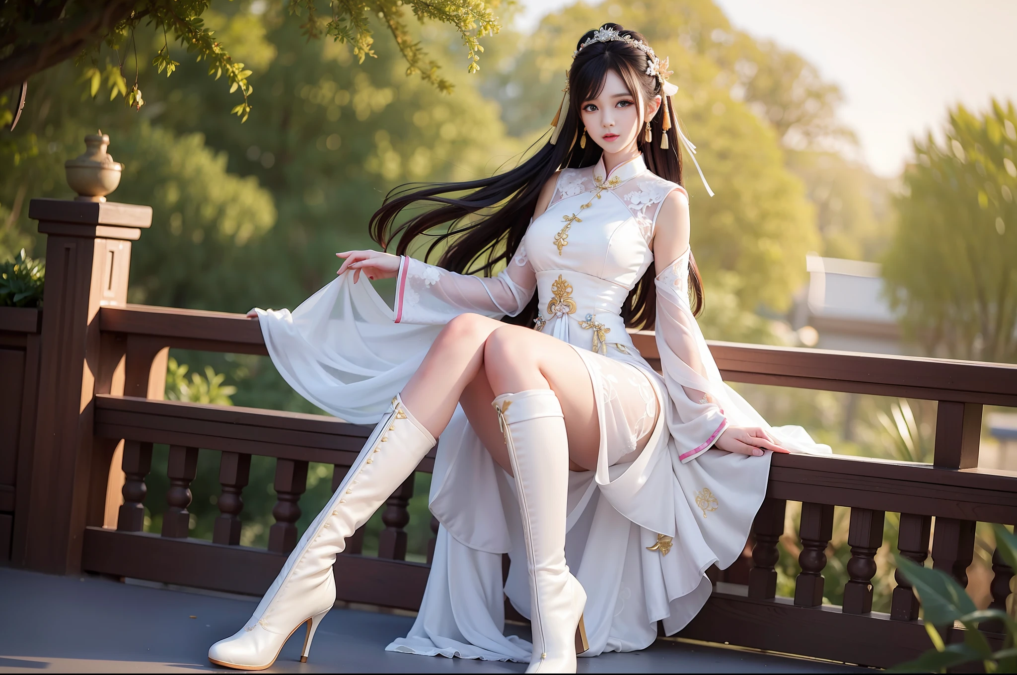 Best Quality, Masterpiece, High Resolution, 1girl, Chinese Wedding Dress, Full Body, White Boots, Hair Accessories, Necklace, Jewelry, Perfect Face, Good Looking Eyes, Soft Lighting, High Quality, Volume Lighting, Frank, Photo, High Resolution, 4K, 8K, Bokeh