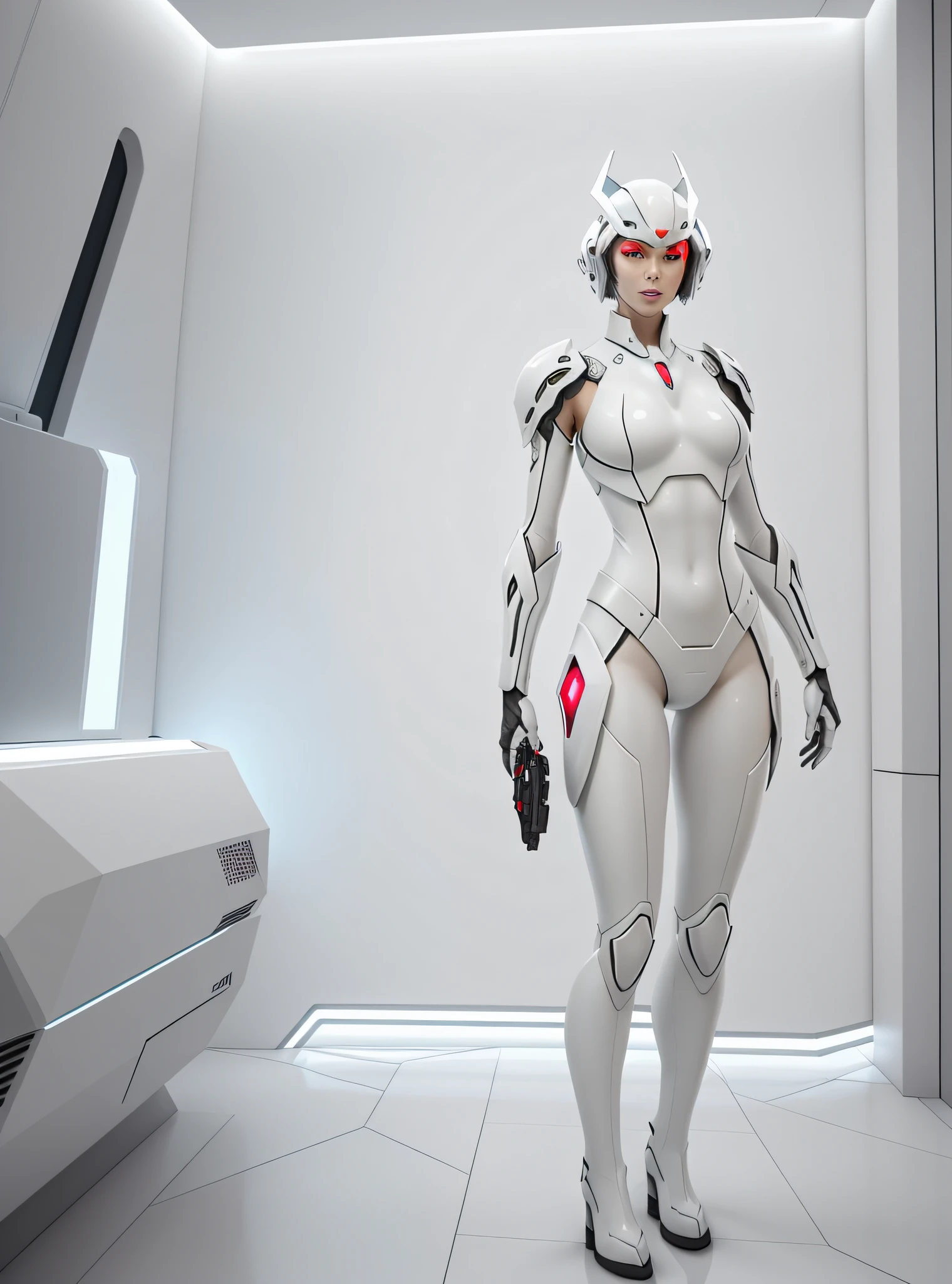 a woman in a white suit posing for a photo, in white futuristic armor, soft digital concept art, cgsociety inspired, stylized as ghost in shell, full body cgsociety, cgsociety masterpiece, inspired by Marek Okon, 3 d render character art 8 k, cgsociety - w 1 0 2 4 - n 8 - i, wlop shiny skin