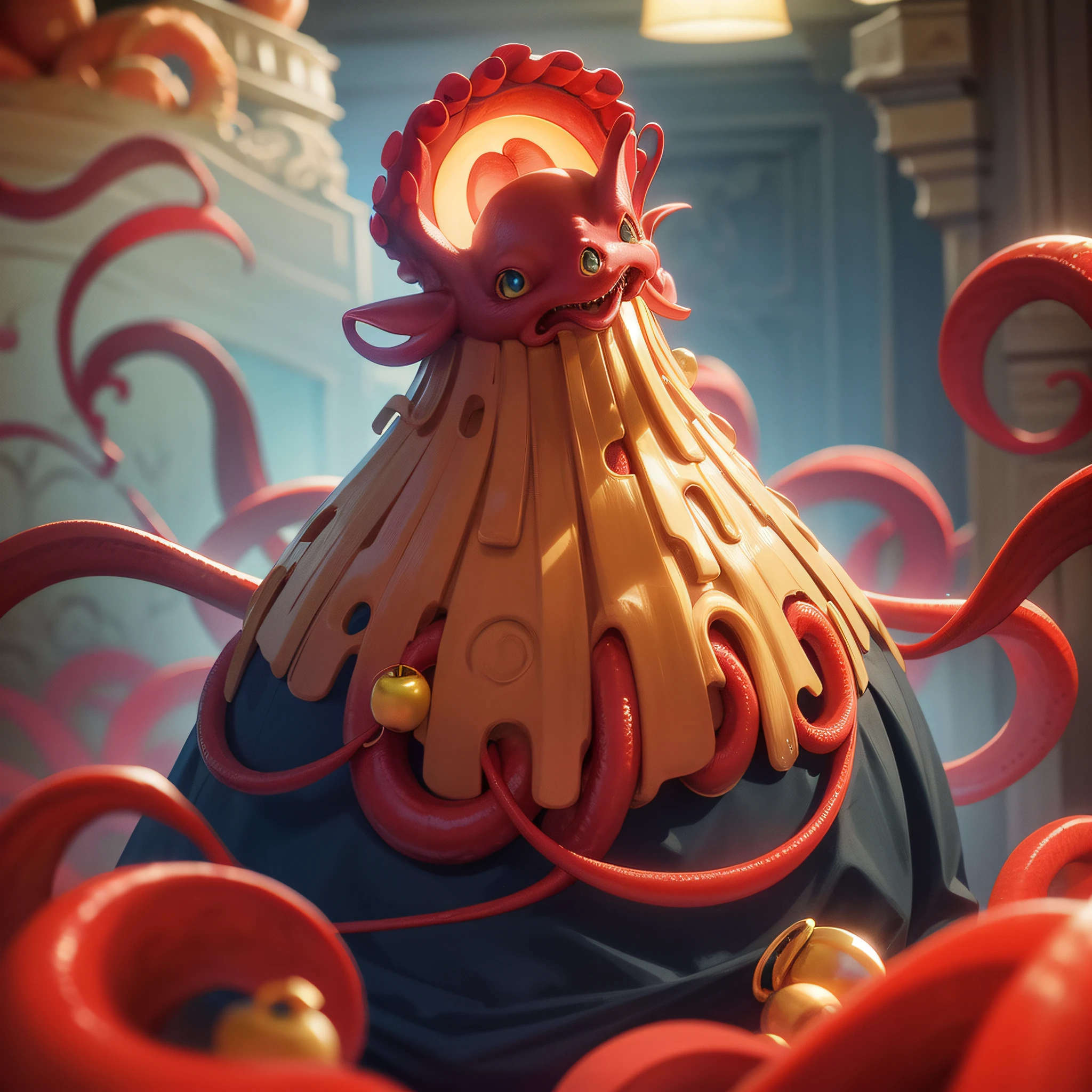 cephalopod, (cephalopod), apple-red tentacles, golden apples held in tentacles, blue eyes, red riding hood-like outfit, basket of golden apples, masterpiece, Best Quality