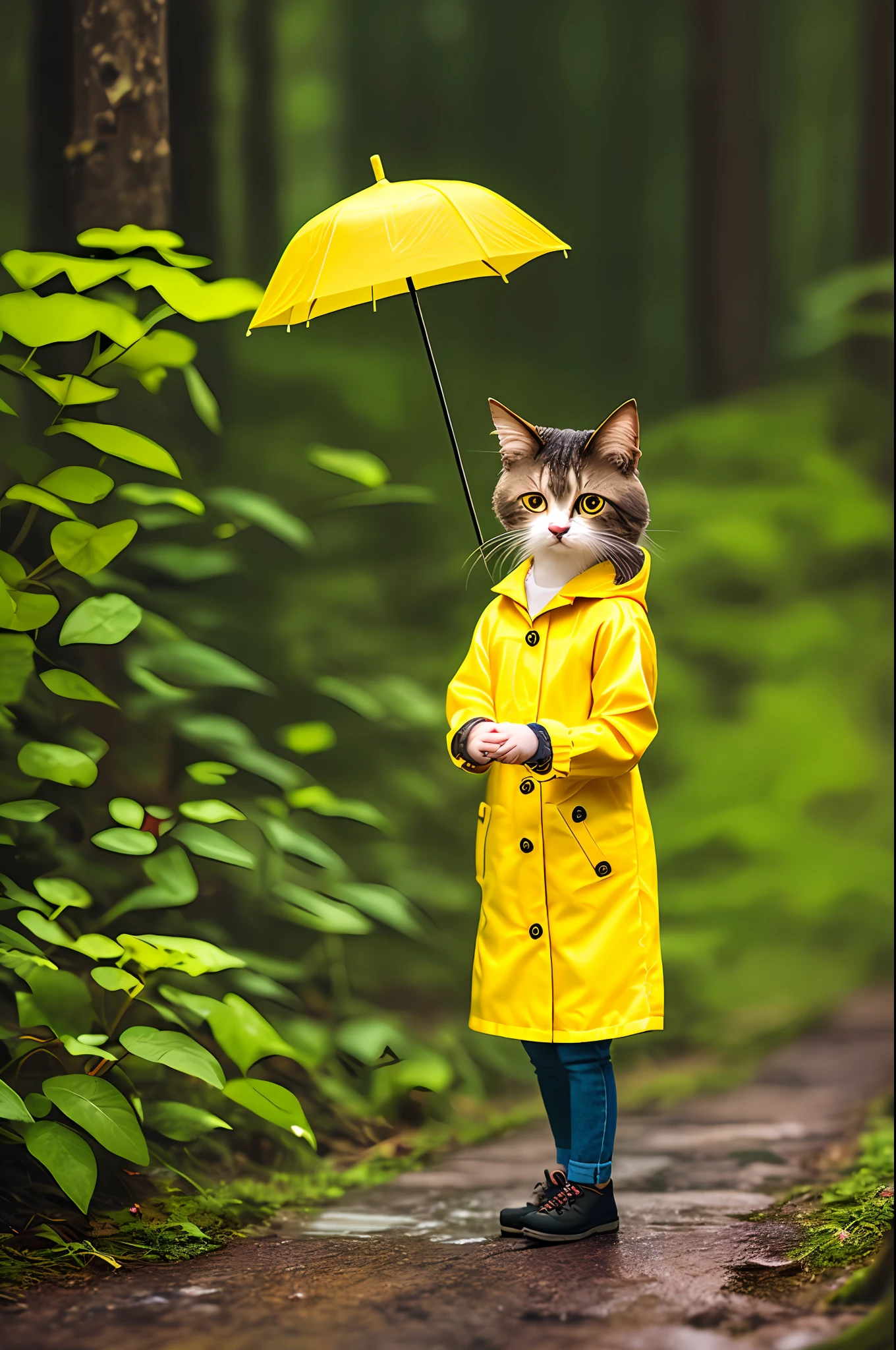 girl, CircuitBoardAI, tiny cute (happy1.4) cat in a (yellow raincoat1.3) in the woods, rain, a character portrait, Tilt-shift, bokeh