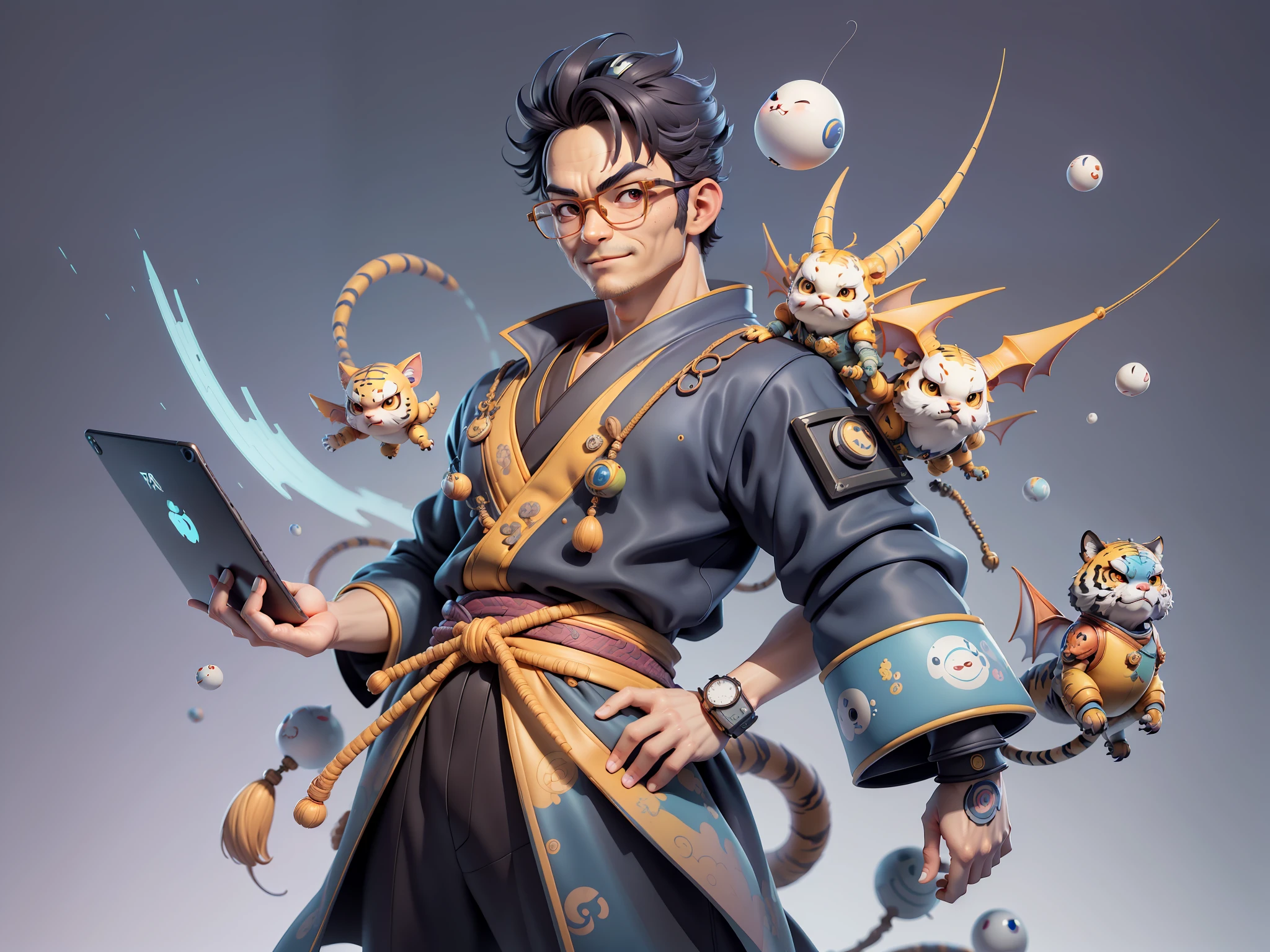 (Masterpiece), (Excellent), (Super Meticulous), (Full Body: 1.2), Super Young Man, Oriental Face, Japanese Kimono, Japanese Wind Thunder God, Dragon, Tiger, TV Anchor, Bust Portrait Illustration, Alone, Black Suit, Blue Tie, Slightly Chubby Face, Silver Glasses, Very Clean Face, No Beard, Black Super Short Hair, Black Eyes, Confident Smile, 3c Computer Sub-Products, iPad, iPhone, Digital Painting, 3D Character Design by Akira Toriyama and Mark Claireden and Pixar and Hayao Miyazaki, The illustration is a high-definition illustration in 4K resolution with very detailed facial features and cartoon-style visuals.