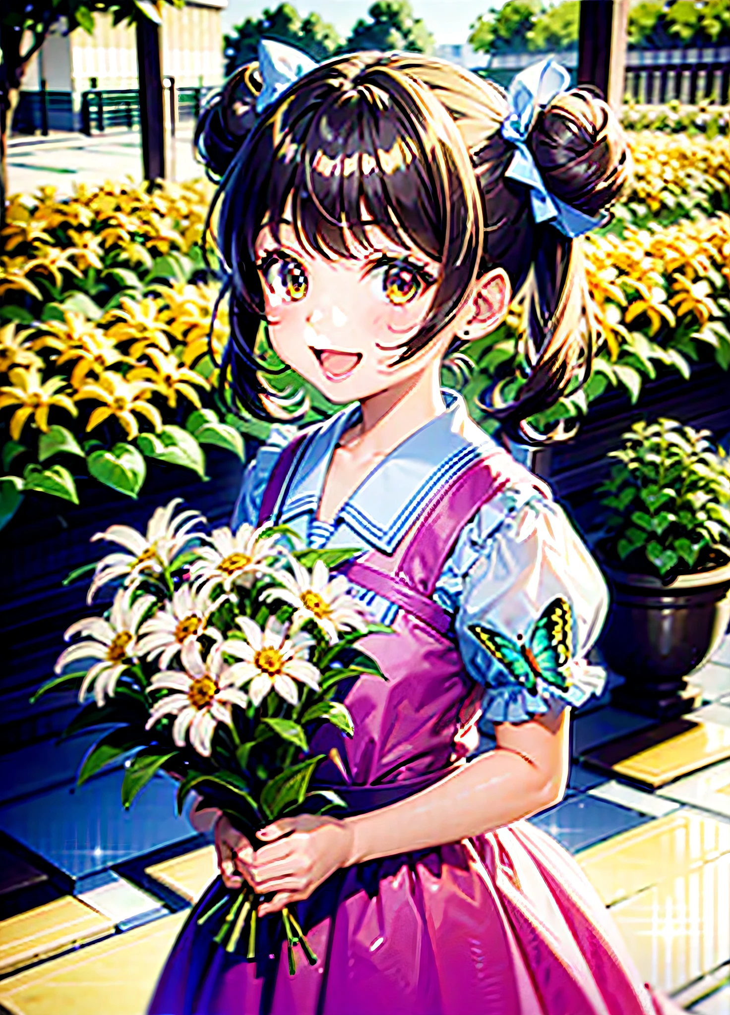 A cute 10-year-old girl in the Chibi style. She is dressed in a light pink dress with a white bow at the waist, and holding a bouquet of colorful flowers. Her hair is light brown and is tied in two fun buns. She's smiling happily, cheeks flushed and eyes bright. In the background, there is a garden full of colorful flowers and butterflies. —C 10 —Air 2:3