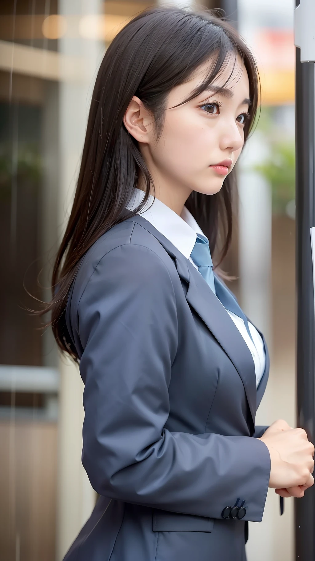 Japan girl, girl in her twenties, small breasts, perfect skin, wet hair, perfect, dark hair, brown eyes, office lady, navy suit, light blue shirt, rain, gloss, luminous, city, profile, upper body,