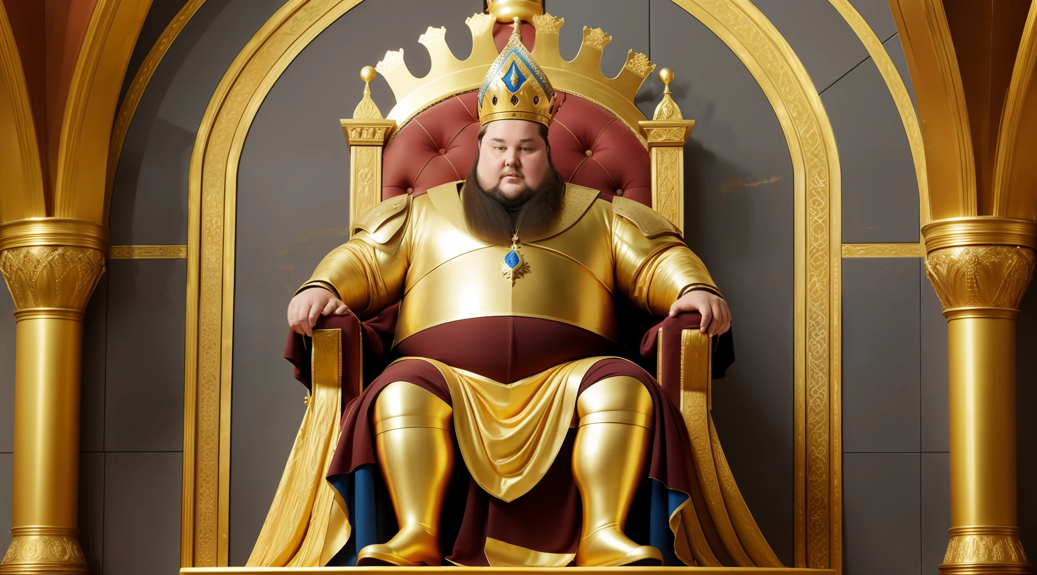 A fat medieval king sitting on his throne with his golden crown. Blue clothing, sideways view, standing.