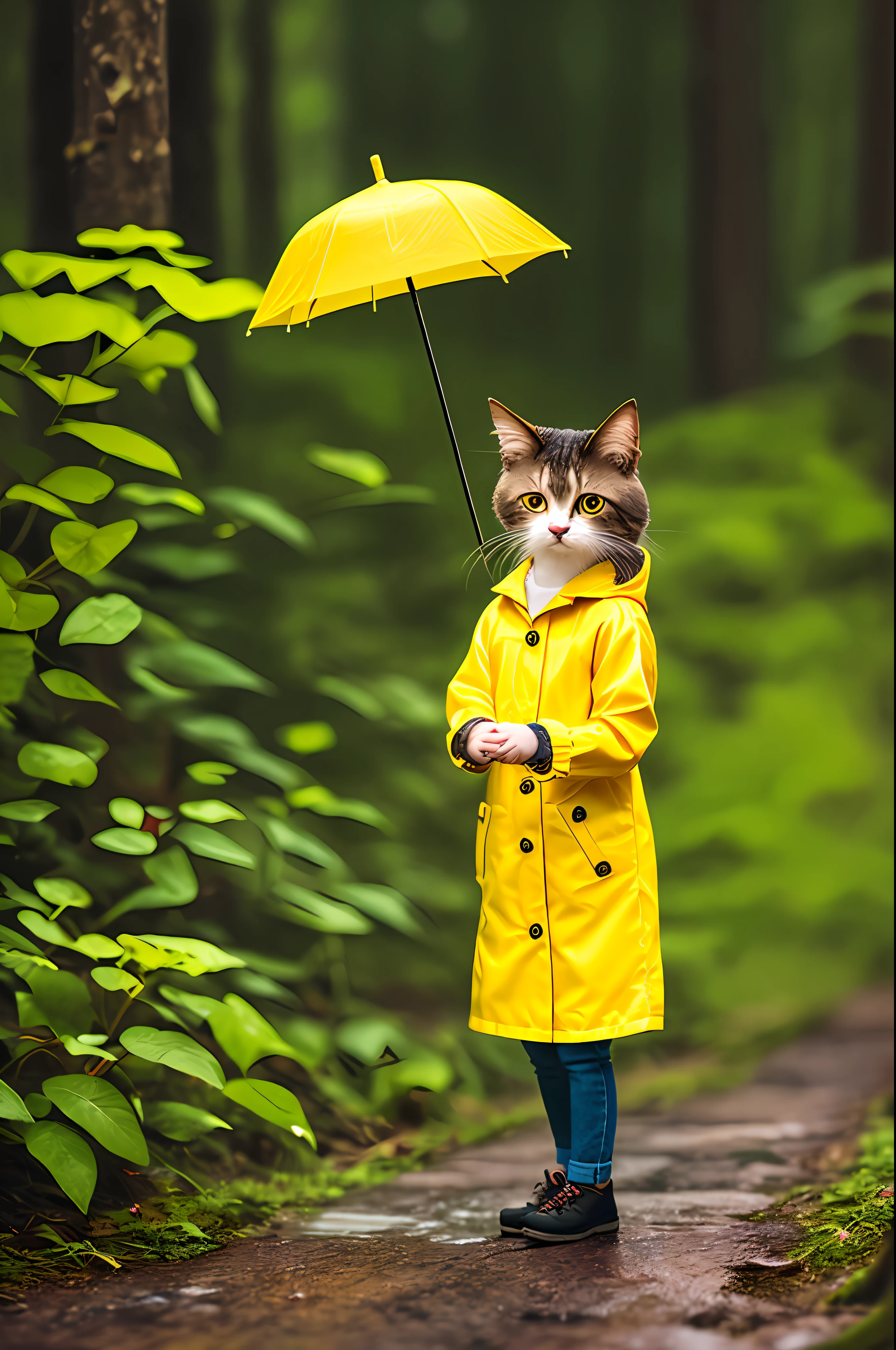girl, CircuitBoardAI, tiny cute (happy1.4) cat in a (yellow raincoat1.3) in the woods, rain, a character portrait, Tilt-shift, bokeh