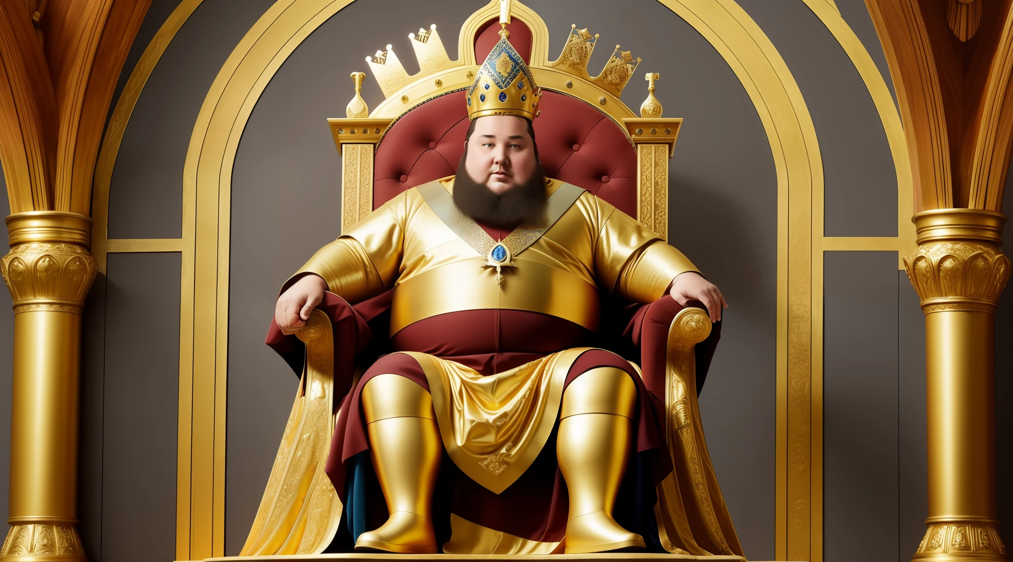A fat medieval king sitting on his throne with his golden crown. Blue clothing, side view
