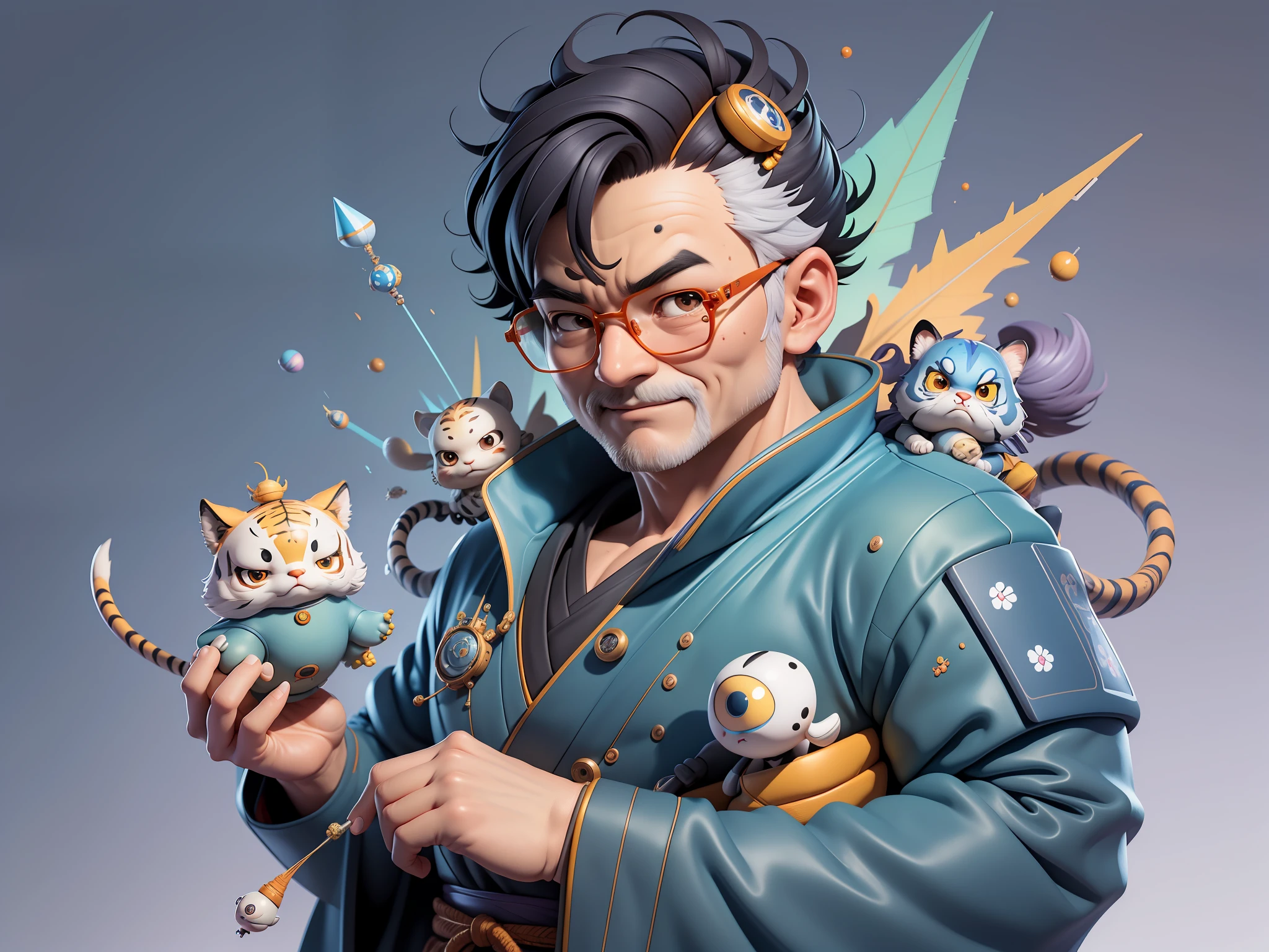 (Masterpiece), (Excellent), (Super Meticulous), (Full Body: 1.2), Super Young Man, Oriental Face, Japanese Kimono, Japanese Wind Thunder God, Dragon, Tiger, TV Anchor, Bust Portrait Illustration, Alone, Black Suit, Blue Tie, Slightly Chubby Face, Silver Glasses, Very Clean Face, No Beard, Black Super Short Hair, Black Eyes, Confident Smile, 3c Computer Sub-Products, iPad, iPhone, Digital Painting, 3D Character Design by Akira Toriyama and Mark Claireden and Pixar and Hayao Miyazaki, The illustration is a high-definition illustration in 4K resolution with very detailed facial features and cartoon-style visuals.