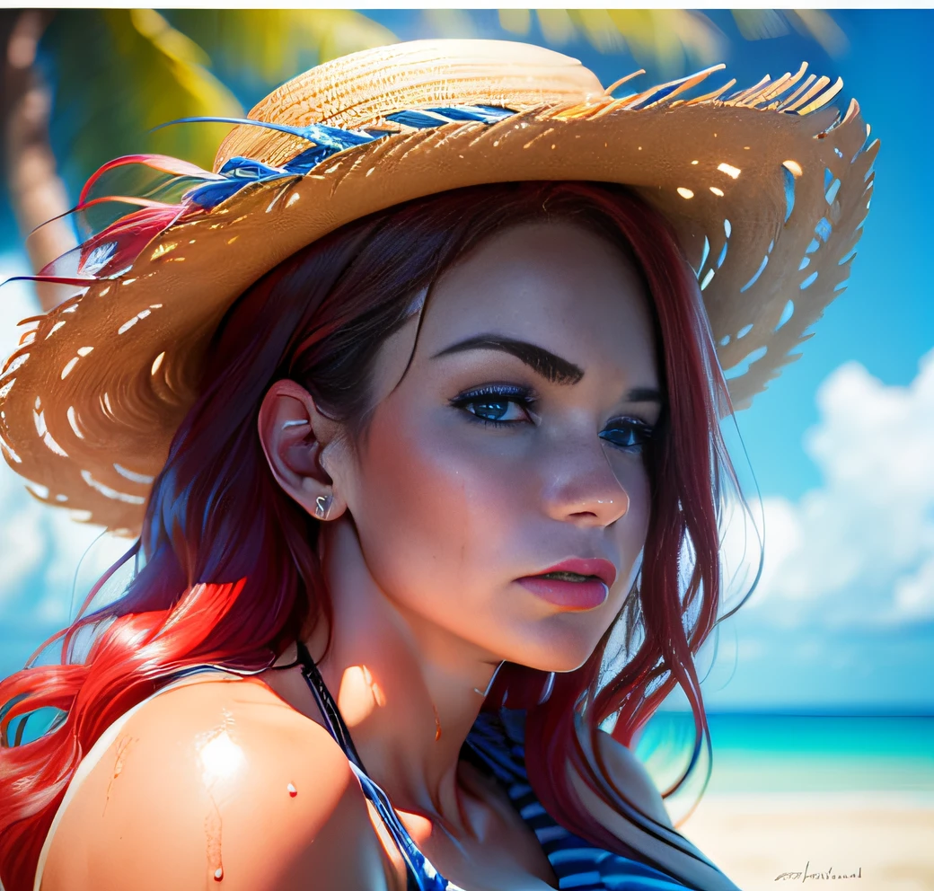 woman in her 20s, (perfect face), defined jawline, beautiful blue eyes, beautiful lips, (long red flowing wavy hair), (perfect anatomy), (athletic body), (sexy)(medium wet breasts), (thick thighs), (perfect hands), (bikini with blue stripes), (straw hat), looking at viewer, (POV from below), (medium full shot photograph), (tropical beach background), realistic