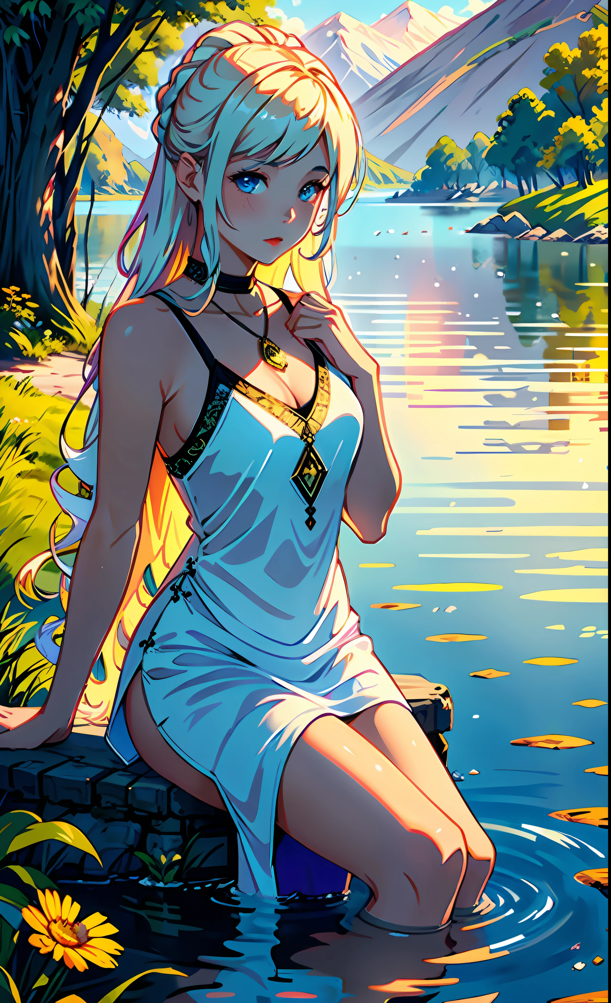 1 girl, serene expression, mesmerizing eyes, straight long hair, flowing dress, poised posture, porcelain skin, subtle blush, crystal pendant
BREAK
golden hour, (rim lighting):1.2, warm tones, sun flare, soft shadows, vibrant colors, painterly effect, dreamy atmosphere
BREAK
scenic lake, distant mountains, willow tree, calm water, reflection, sunlit clouds, peaceful ambiance, idyllic sunset, ultra detailed, official art, unity 8k wallpaper
, zentangle, mandala