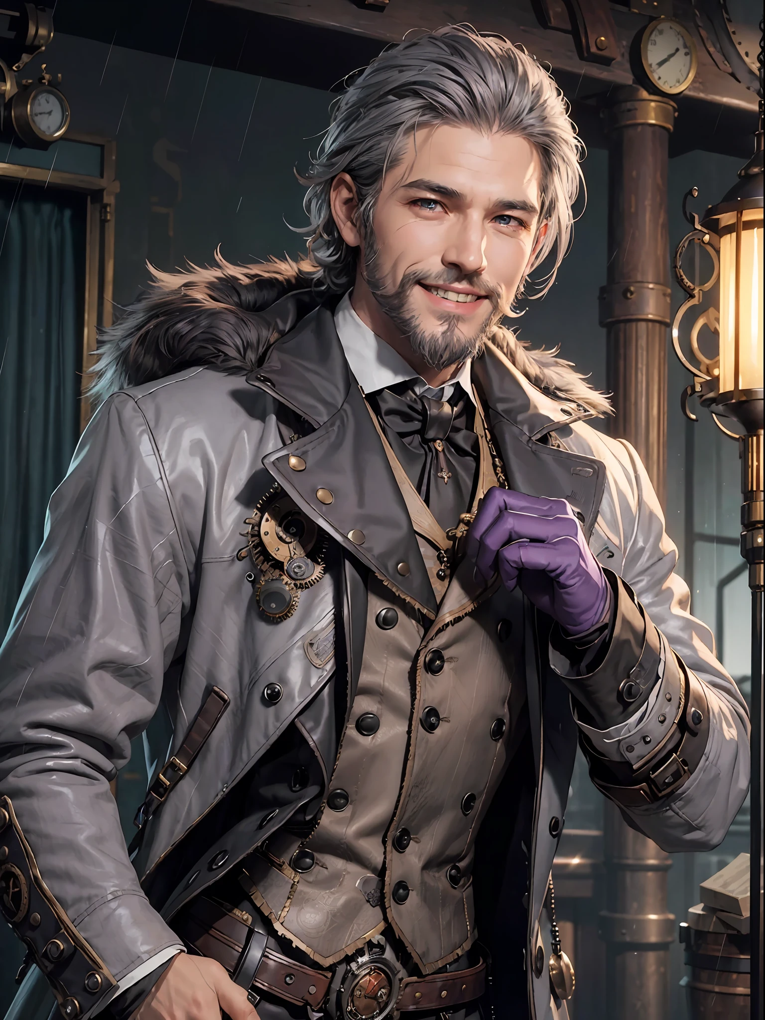 (best quality), ((style of steampunk)), raining scenary, (1 adult male), gray skin, gallant beard, gallard cigarre, gray hair, black tuxedo gloves, jacket with furry, (gallart smile:1.2), purple eyes, portrait