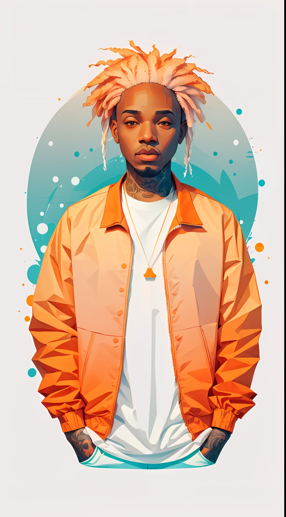 clean,minimalist,vector art,1rapper with tattoos, gradient pastel dreads hair,white techwear clothes,tatical clothes(orange,white),strong stroke around image,papercute background with simple abstract designs