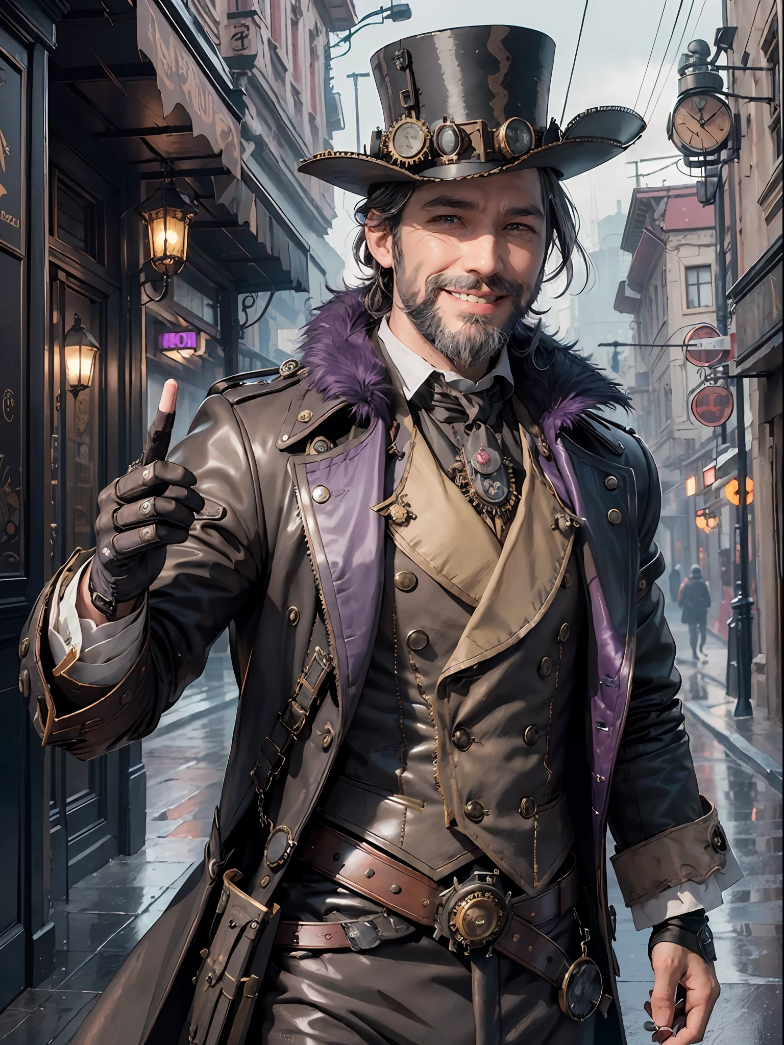 (best quality), ((style of steampunk)), raining scenary, (1 adult male), gray skin, gallant beard, gallard cigarre, gray hair, black tuxedo gloves, jacket with furry, (gallart smile:1.2), purple eyes, portrait