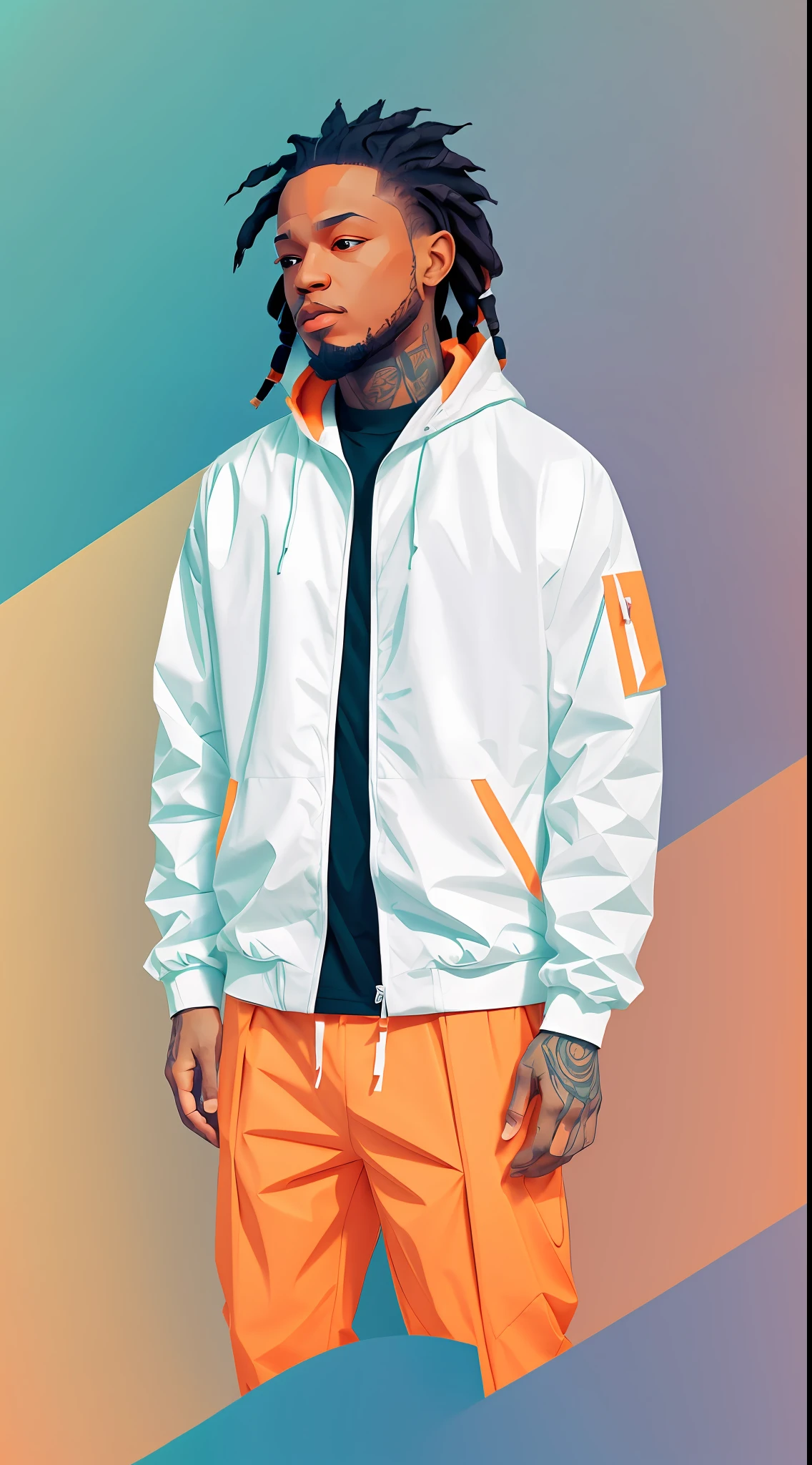 clean,minimalist,vector art,1rapper with tattoos, gradient pastel dreads hair,white techwear clothes,tatical clothes(orange,white),strong stroke around image,papercute background with simple abstract designs