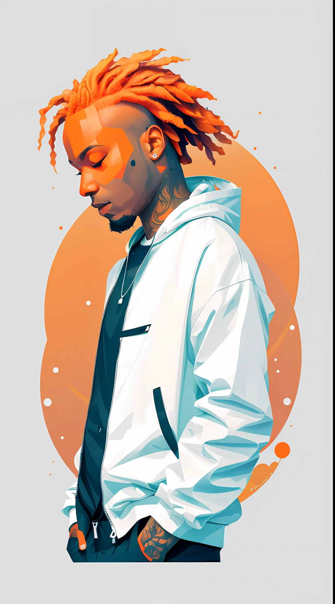 clean,minimalist,vector art,1rapper with tattoos, gradient pastel dreads hair,white techwear clothes,tatical clothes(orange,white),strong stroke around image,papercute background with simple abstract designs