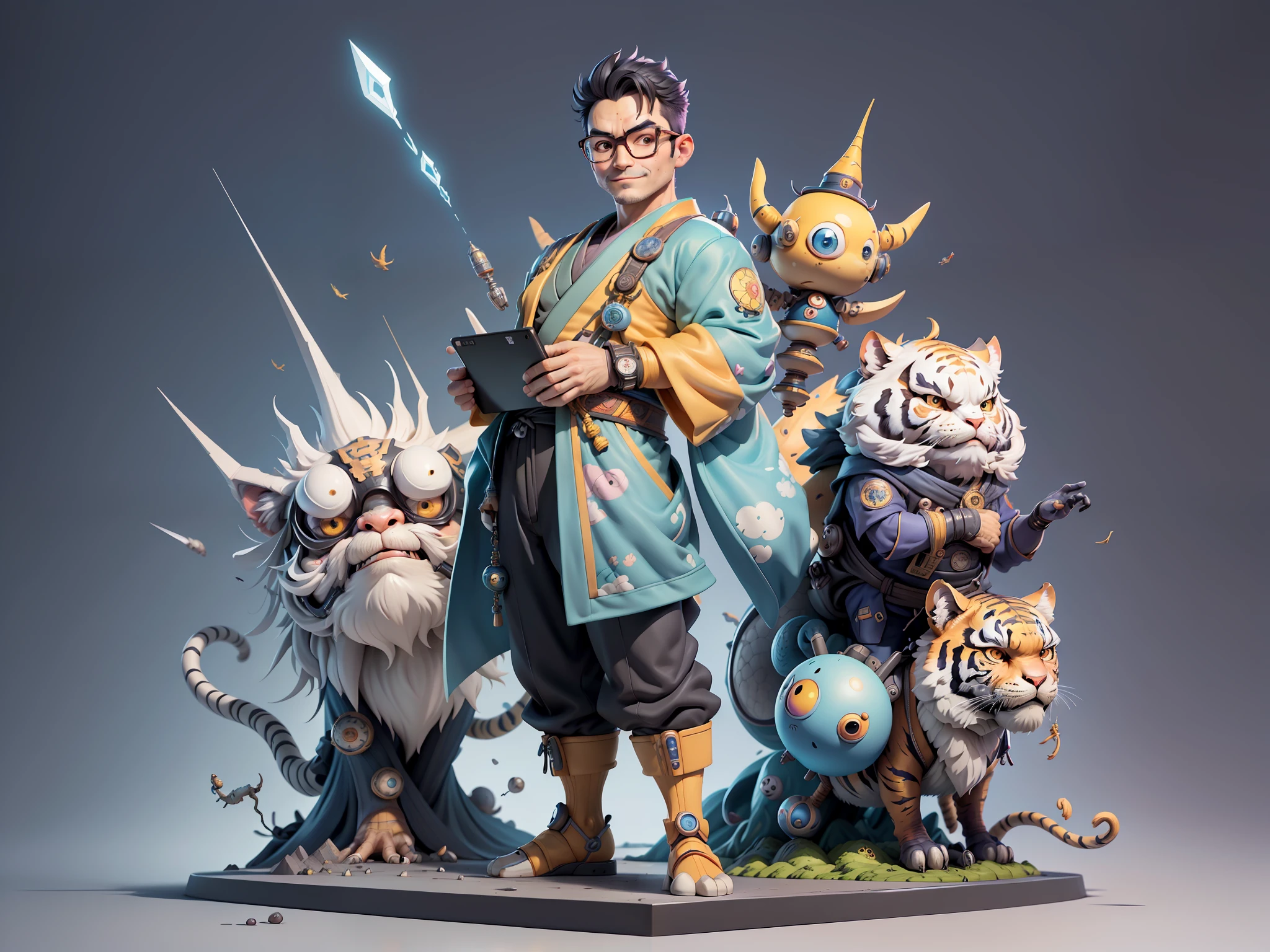 (Masterpiece), (Excellent), (Super Meticulous), (Full Body: 1.2), Super Young Man, Oriental Face, Japanese Kimono, Japanese Wind Thunder God, Dragon, Tiger, TV Anchor, Bust Portrait Illustration, Alone, Black Suit, Blue Tie, Slightly Chubby Face, Silver Glasses, Very Clean Face, No Beard, Black Super Short Hair, Black Eyes, Confident Smile, 3c Computer Sub-Products, iPad, iPhone, Digital Painting, 3D Character Design by Akira Toriyama and Mark Claireden and Pixar and Hayao Miyazaki, The illustration is a high-definition illustration in 4K resolution with very detailed facial features and cartoon-style visuals.