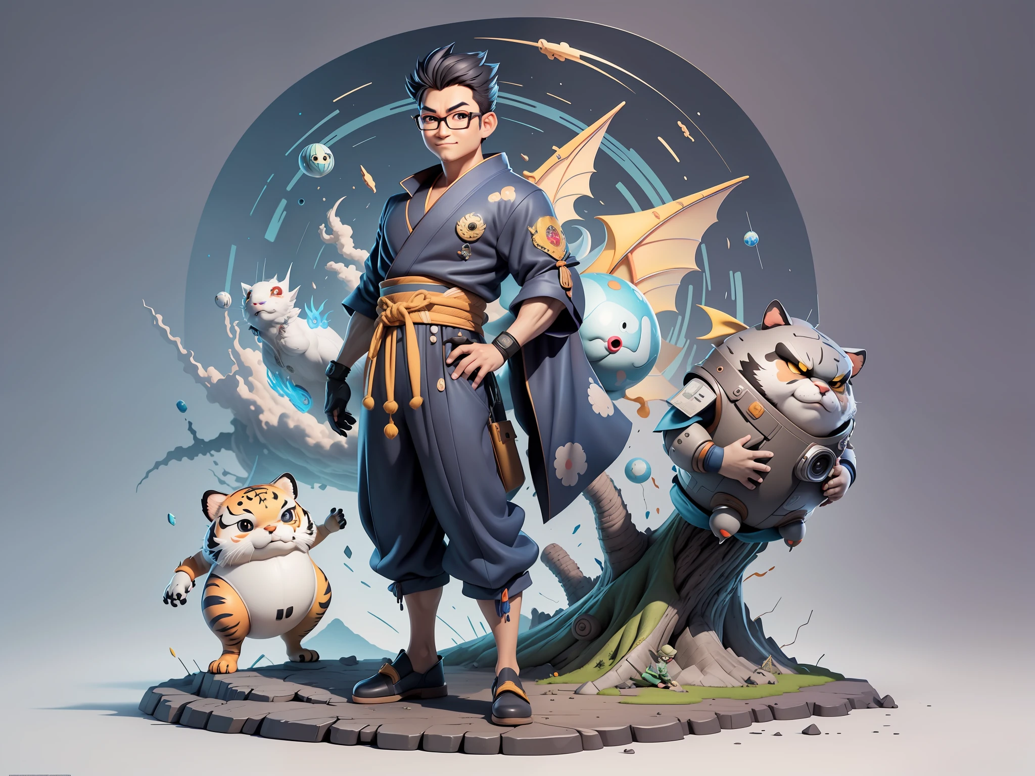 (Masterpiece), (Excellent), (Super Meticulous), (Full Body: 1.2), Super Young Man, Oriental Face, Japanese Kimono, Japanese Wind Thunder God, Dragon, Tiger, TV Anchor, Bust Portrait Illustration, Alone, Black Suit, Blue Tie, Slightly Chubby Face, Silver Glasses, Very Clean Face, No Beard, Black Super Short Hair, Black Eyes, Confident Smile, 3c Computer Sub-Products, iPad, iPhone, Digital Painting, 3D Character Design by Akira Toriyama and Mark Claireden and Pixar and Hayao Miyazaki, The illustration is a high-definition illustration in 4K resolution with very detailed facial features and cartoon-style visuals.