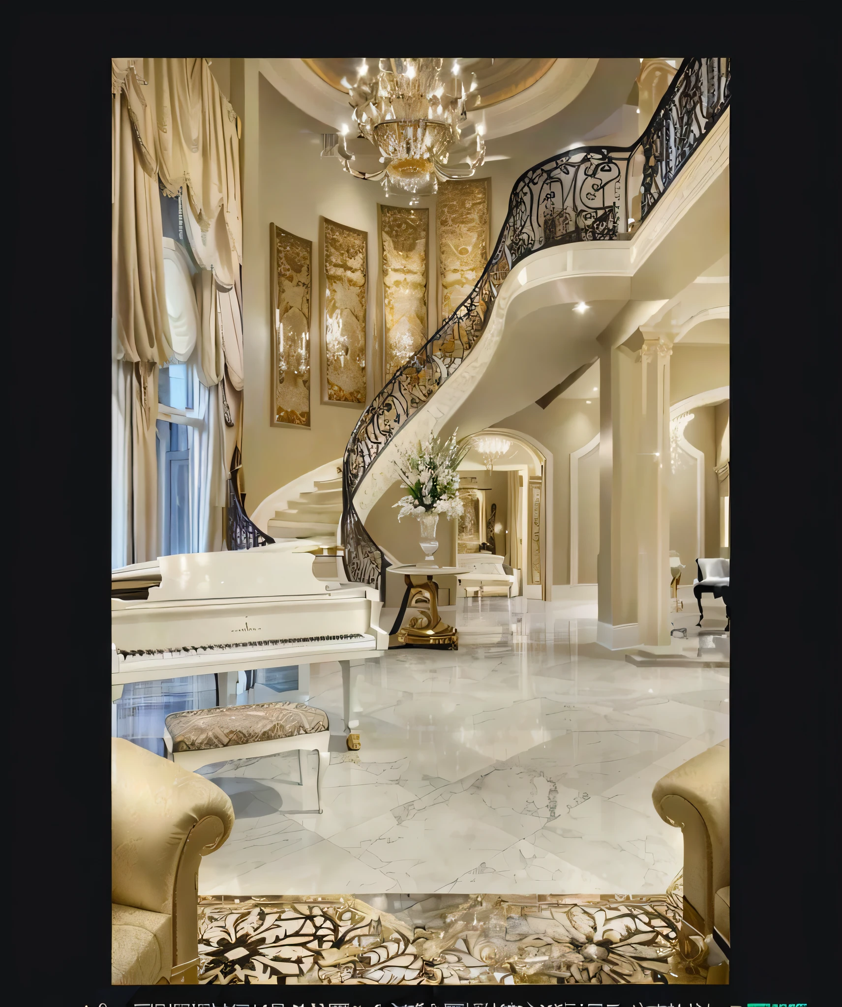 a close up of a grand piano in a living room, luxurious environment, inside a grand, extremely opulent, lavishly decorated, marble floors, luxurious indoor setting, exquisite masterpiece, luxury architecture, magnificent design, luxury lifestyle, wide grand staircase, luxury castle, elegant and ornate, glamorous setting, 1 staircase, high end interior, large staircase, mansion