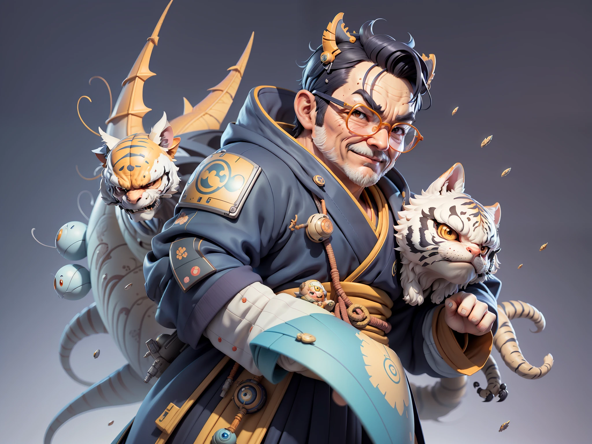 (Masterpiece), (Excellent), (Super Meticulous), (Full Body: 1.2), Super Young Man, Oriental Face, Japanese Kimono, Japanese Wind Thunder God, Dragon, Tiger, TV Anchor, Bust Portrait Illustration, Alone, Black Suit, Blue Tie, Slightly Chubby Face, Silver Glasses, Very Clean Face, No Beard, Black Super Short Hair, Black Eyes, Confident Smile, 3c Computer Sub-Products, iPad, iPhone, Digital Painting, 3D Character Design by Akira Toriyama and Mark Claireden and Pixar and Hayao Miyazaki, The illustration is a high-definition illustration in 4K resolution with very detailed facial features and cartoon-style visuals.