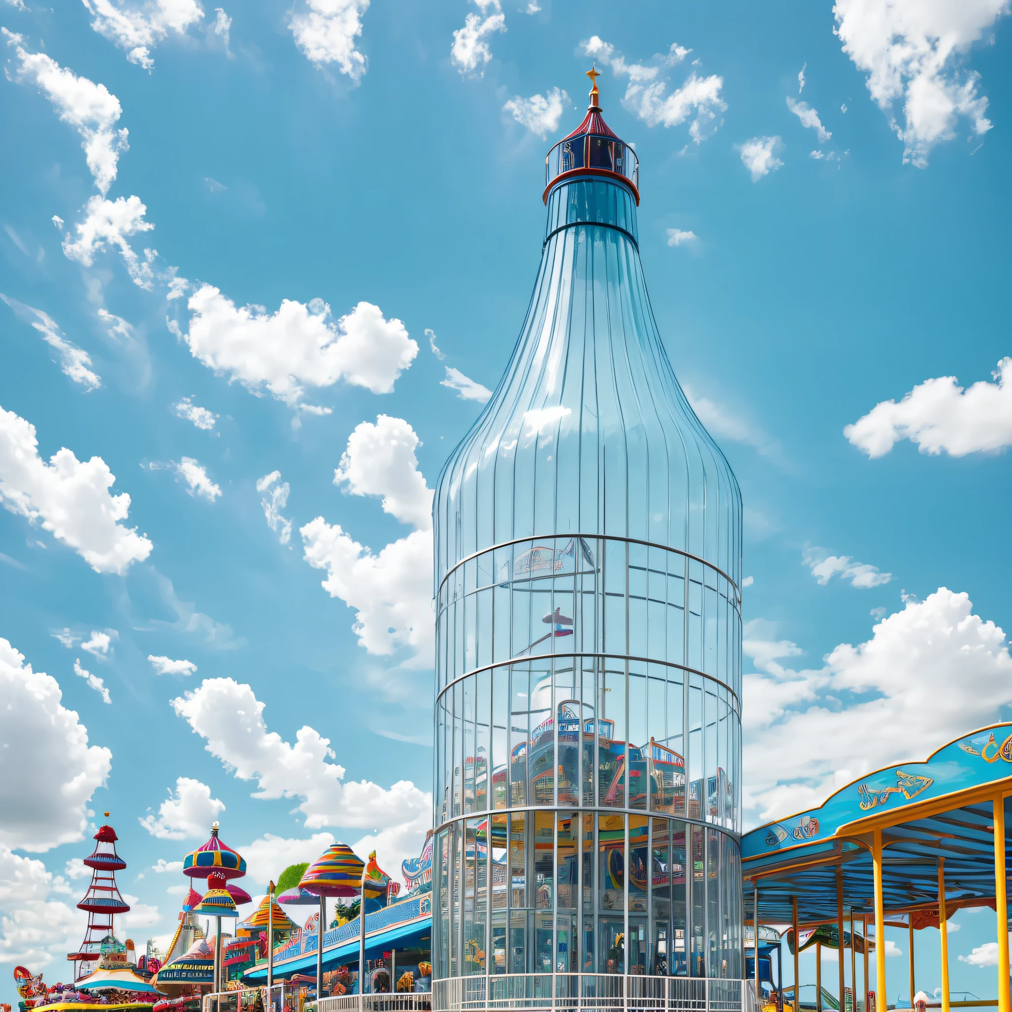 Backshot, a liquor bottle building in the center of the picture, glass material, noon time, blue sky and white clouds, amusement park background environment, next to the sea --auto --s2