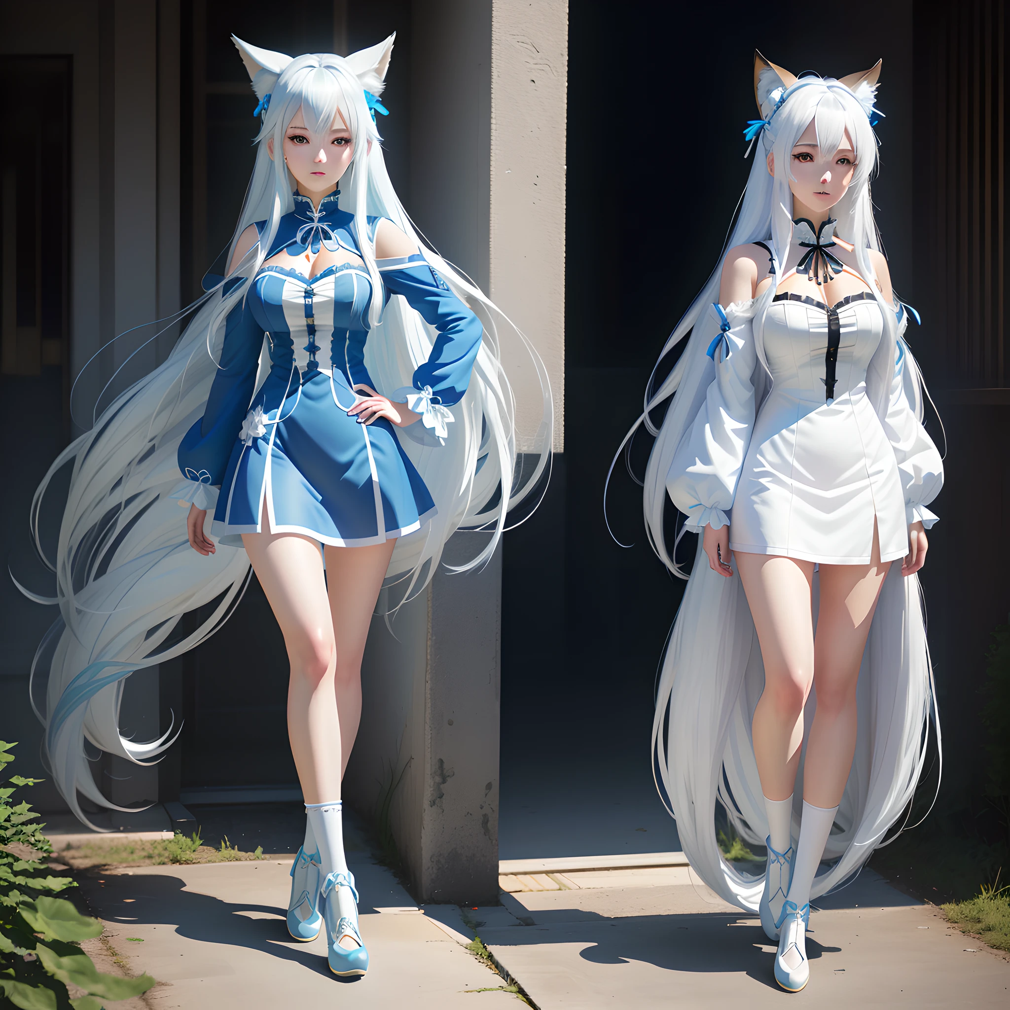 A cartoon image of a woman with long white hair and blue dress, anime girl with long hair, behind light blue hair, small curvy, big fox tail, fox ears, small blue horns, Barbie anime in white socks, blue-white hair, blue. Detailed hair, white cyan, girl anime maiden gothic, digital anime art!!, pixiv style, !! Full body portrait!!, anime art style, white haired deity hyper realistic texture, photorealistic, ultra detailed, no drawing edges, photorealistic, ultra realistic clothing texture, natural lighting, realistic lighting, no dark edges, detailed shadows, ultra realistic photo, absurd realistic, realism, no drawing edges, ultra absurd photorealistic, mega realistic hair,  mega realistic clothes, absurdly realistic details, no deformities, no drawing edges, no drawing lines, 8K, 4K