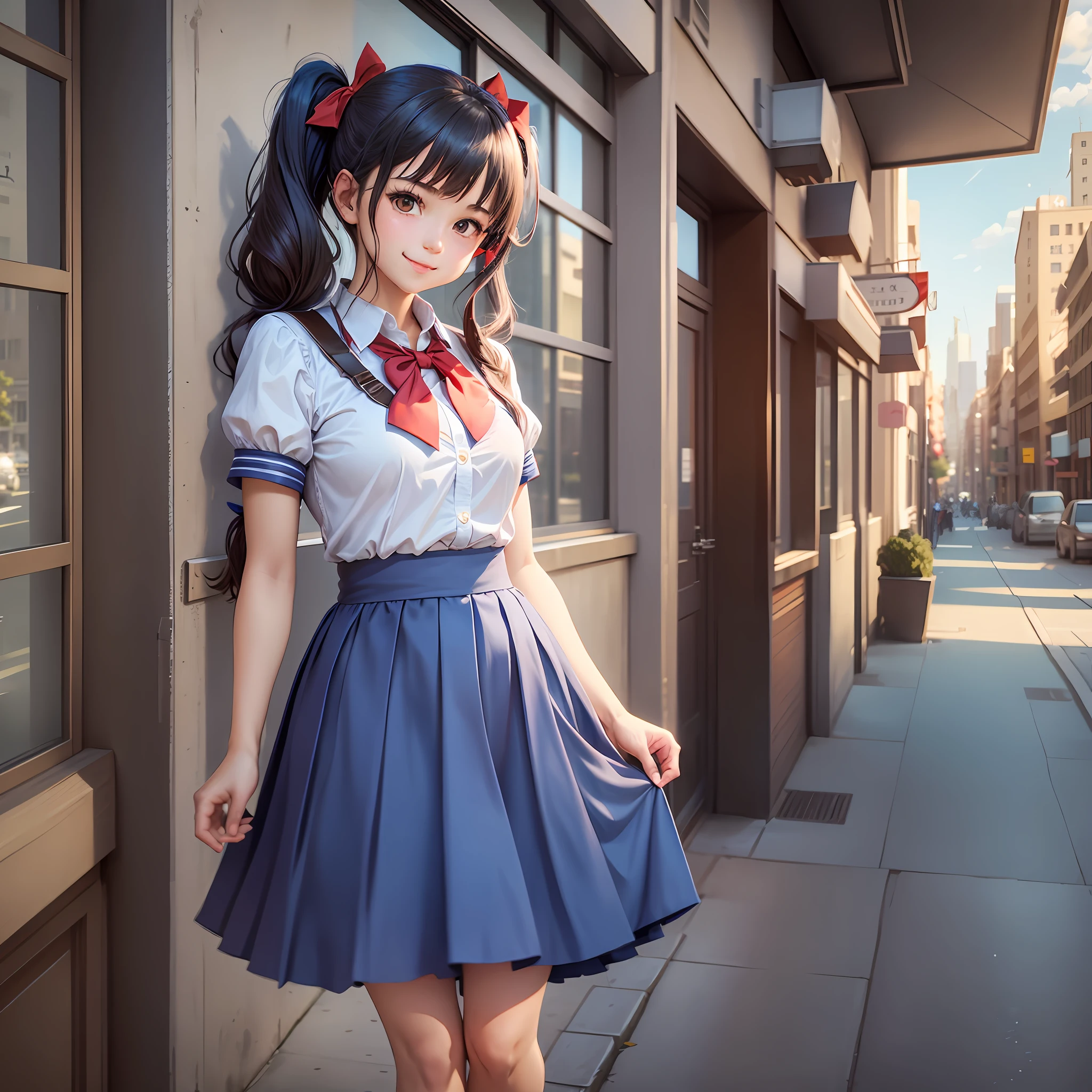 solo, 1girl, annette (boga), eye patch, twintails, episode3, school uniform, blue dress, short sleeves, red bow tie, long skirt, pleated skirt, smile, looking at the viewer, standing, city, sidewalk, sunlight, outdoor, cowboy shot, upper body, --auto --s2