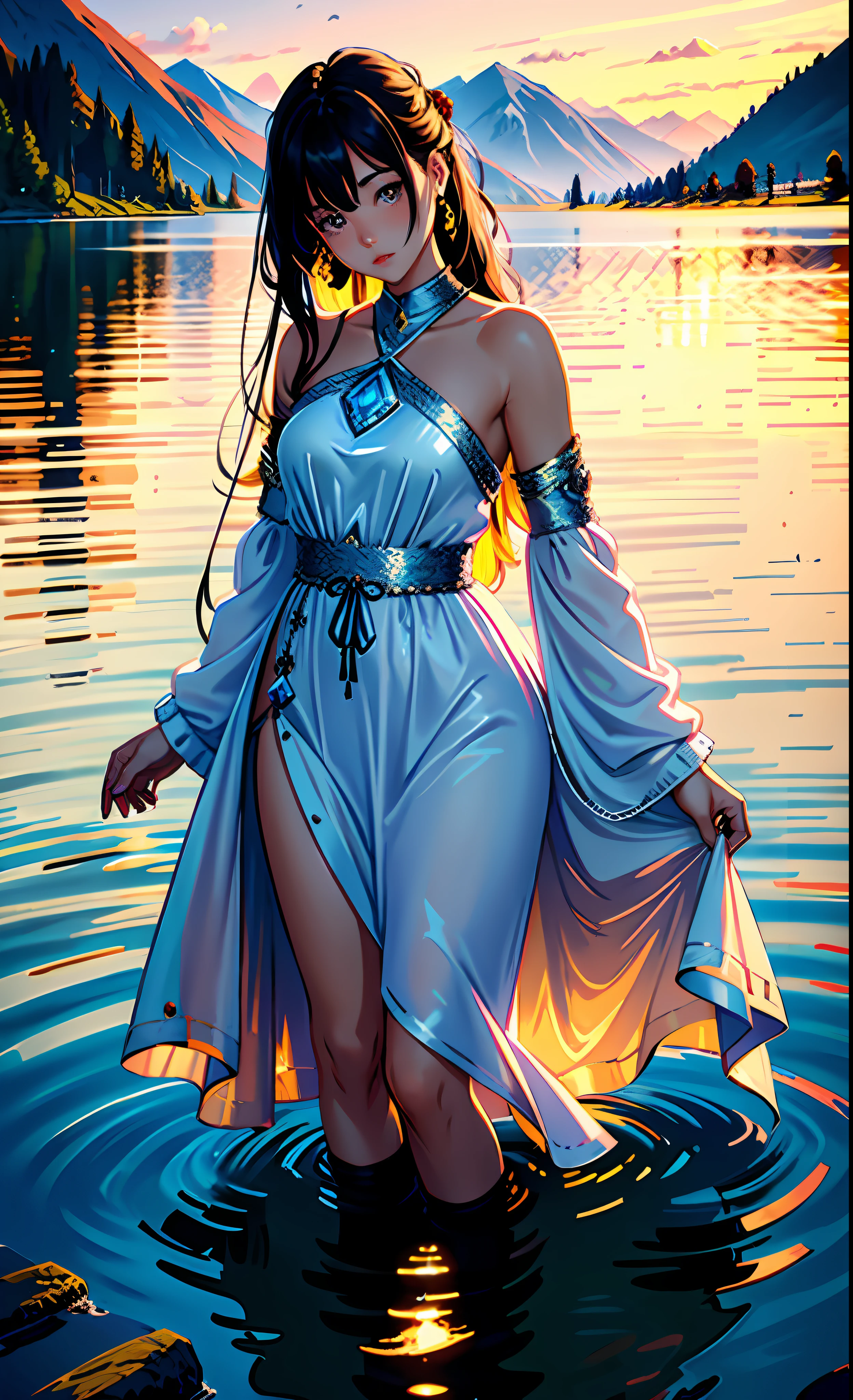 1 girl, serene expression, mesmerizing eyes, straight long hair, flowing dress, poised posture, porcelain skin, subtle blush, crystal pendant
BREAK
golden hour, (rim lighting):1.2, warm tones, sun flare, soft shadows, vibrant colors, painterly effect, dreamy atmosphere
BREAK
scenic lake, distant mountains, willow tree, calm water, reflection, sunlit clouds, peaceful ambiance, idyllic sunset, ultra detailed, official art, unity 8k wallpaper
, zentangle, mandala