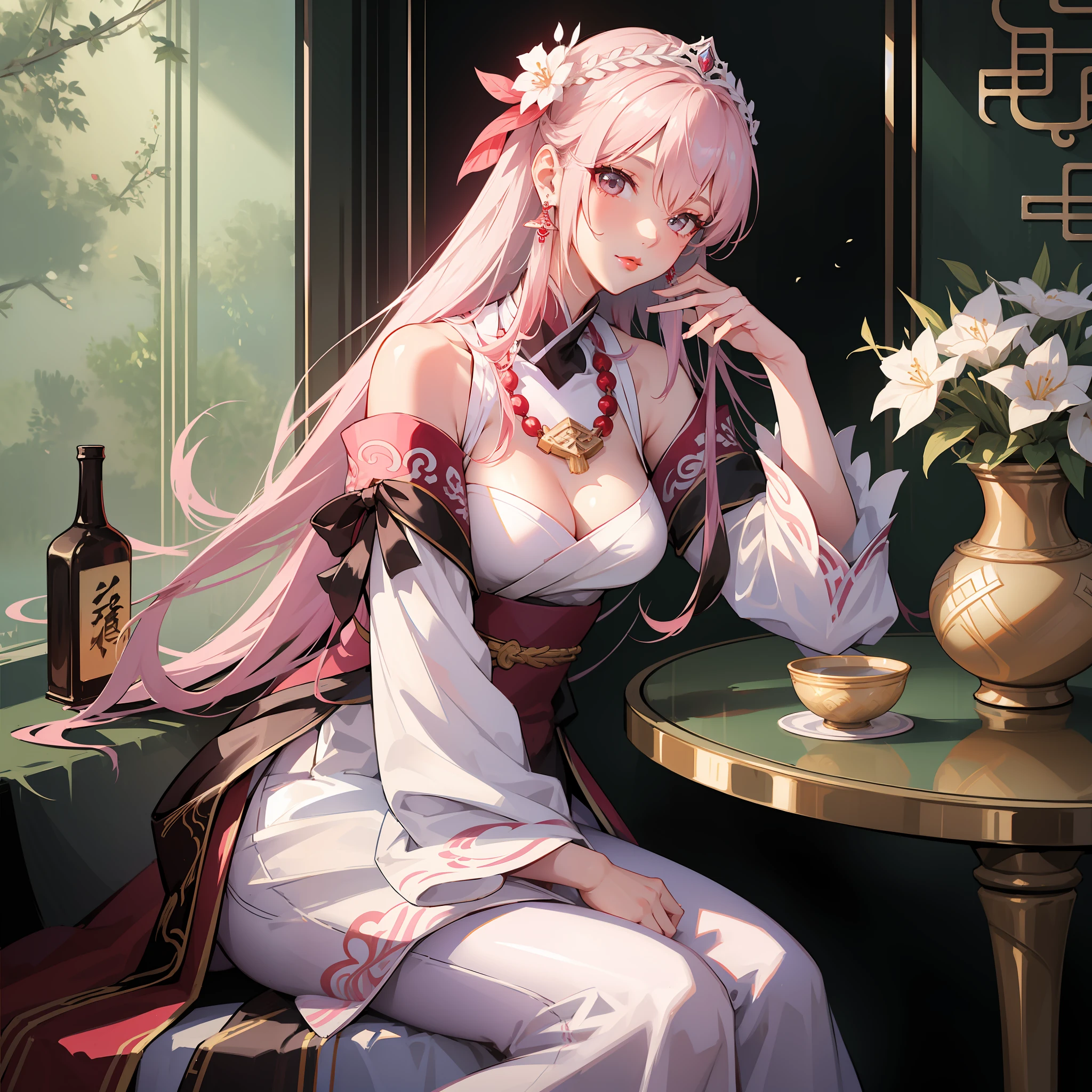 There is a woman sitting on a table with a vase, white skin, melancholy eyes, a palace, a girl in Hanfu, beautiful figure painting, white Hanfu, Hanfu, hair accessories, , looking at the viewer, red lips, skirt, Hair accessories, necklaces, jewellery, long hair, earrings, closed mouth, extravagance, East Asian architecture, pink long hairstyles with weave,long dress and ballet angel