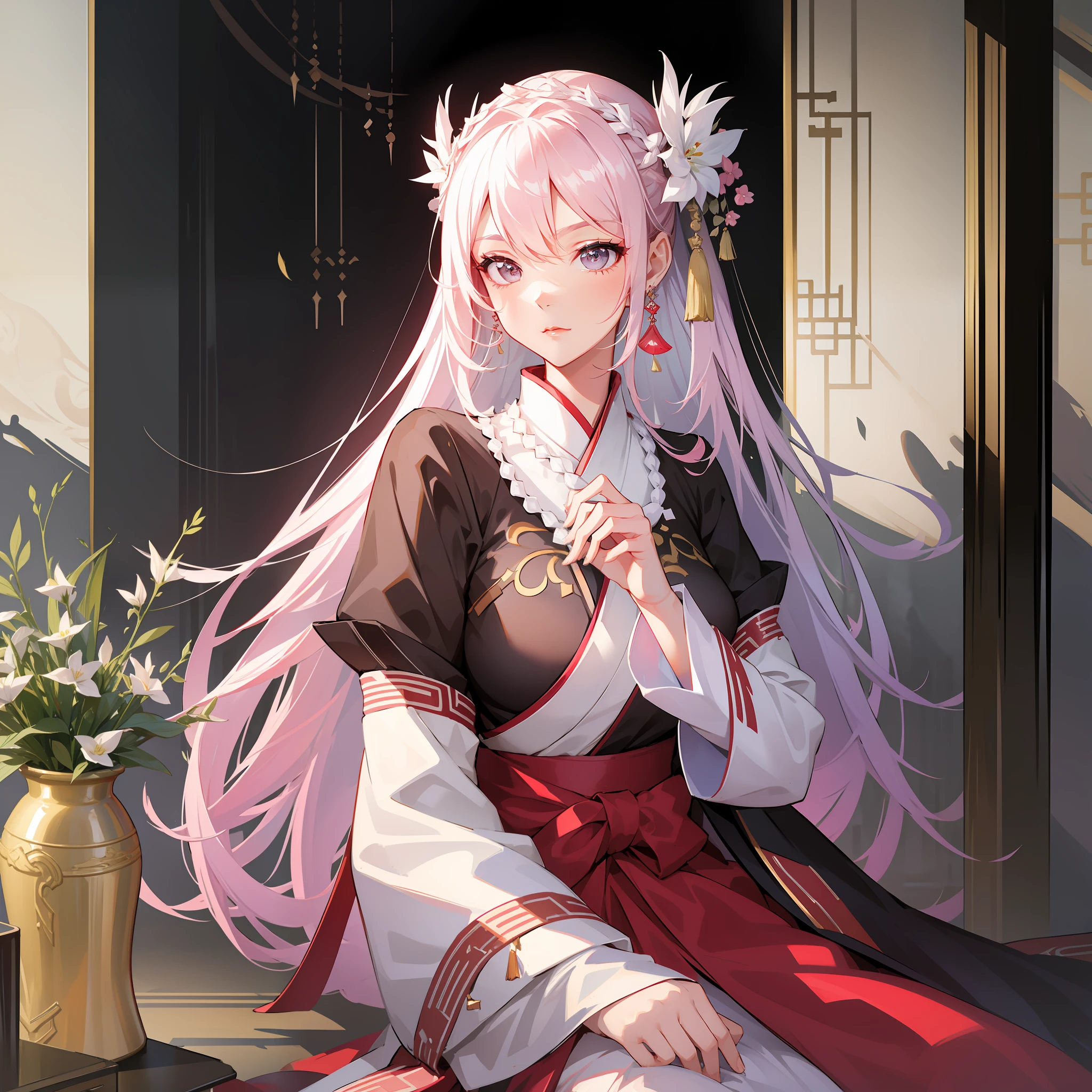There is a woman sitting on a table with a vase, white skin, melancholy eyes, a palace, a girl in Hanfu, beautiful figure painting, white Hanfu, Hanfu, hair accessories, , looking at the viewer, red lips, skirt, Hair accessories, necklaces, jewellery, long hair, earrings, closed mouth, extravagance, East Asian architecture, pink long hairstyles with weave,long dress and ballet angel